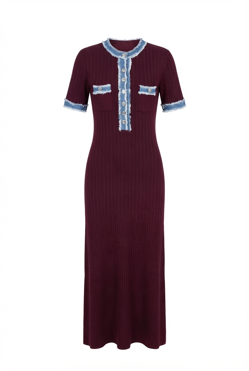 Denim Garnili Bordo Triko Elbise