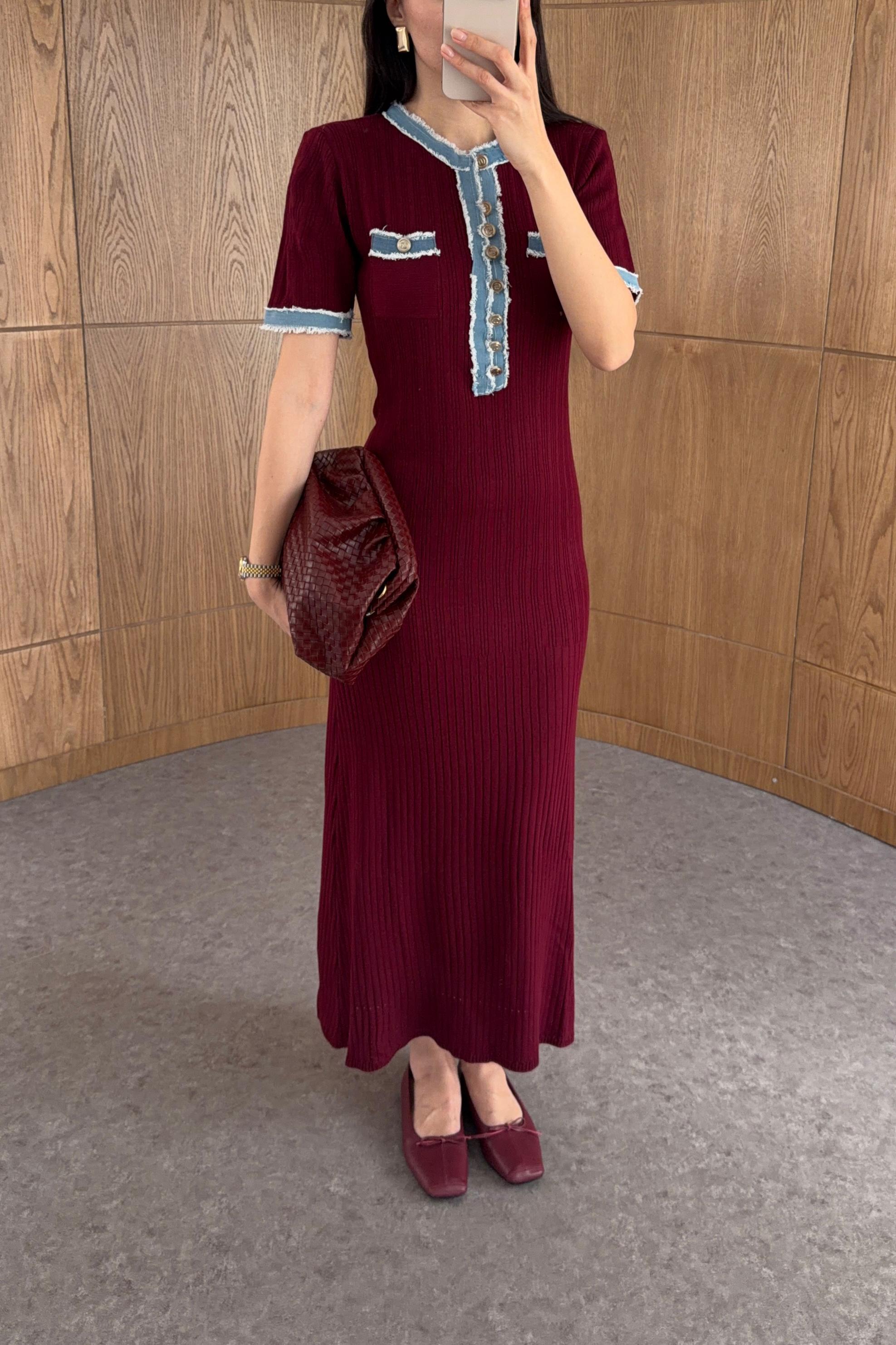 Denim Garnili Bordo Triko Elbise