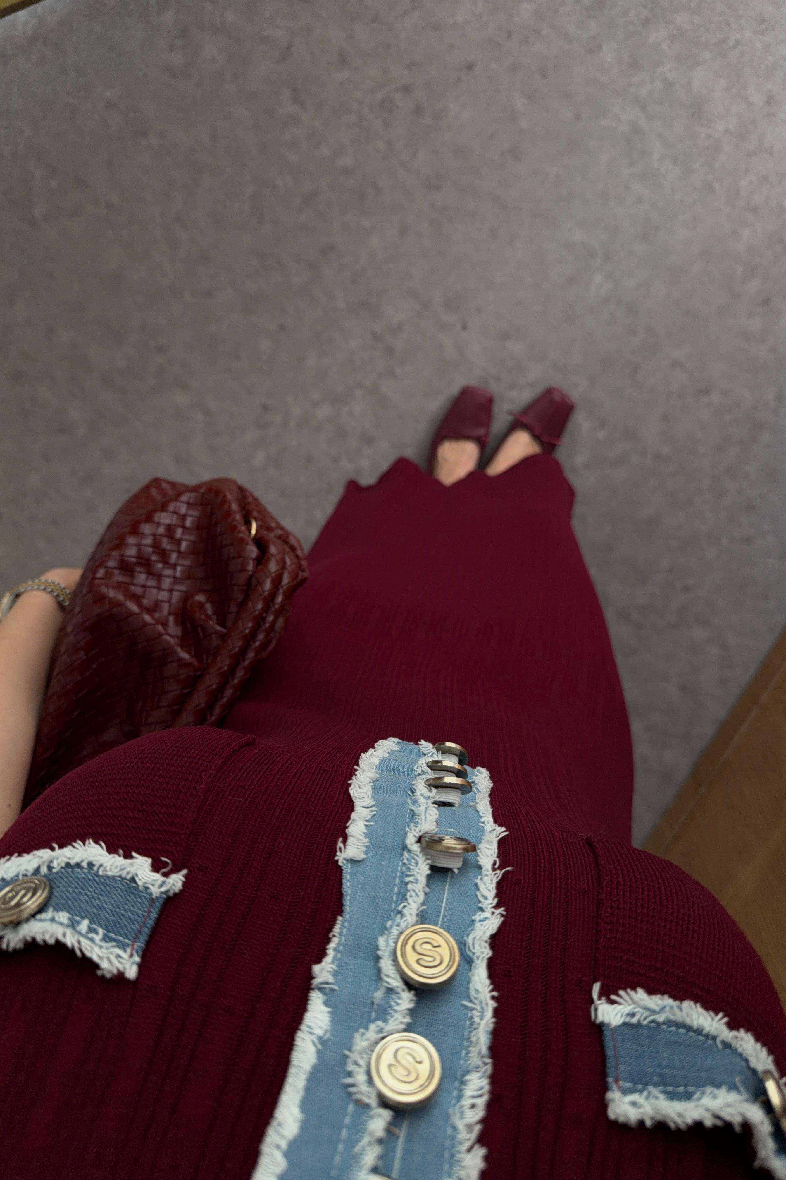 Denim Garnili Bordo Triko Elbise