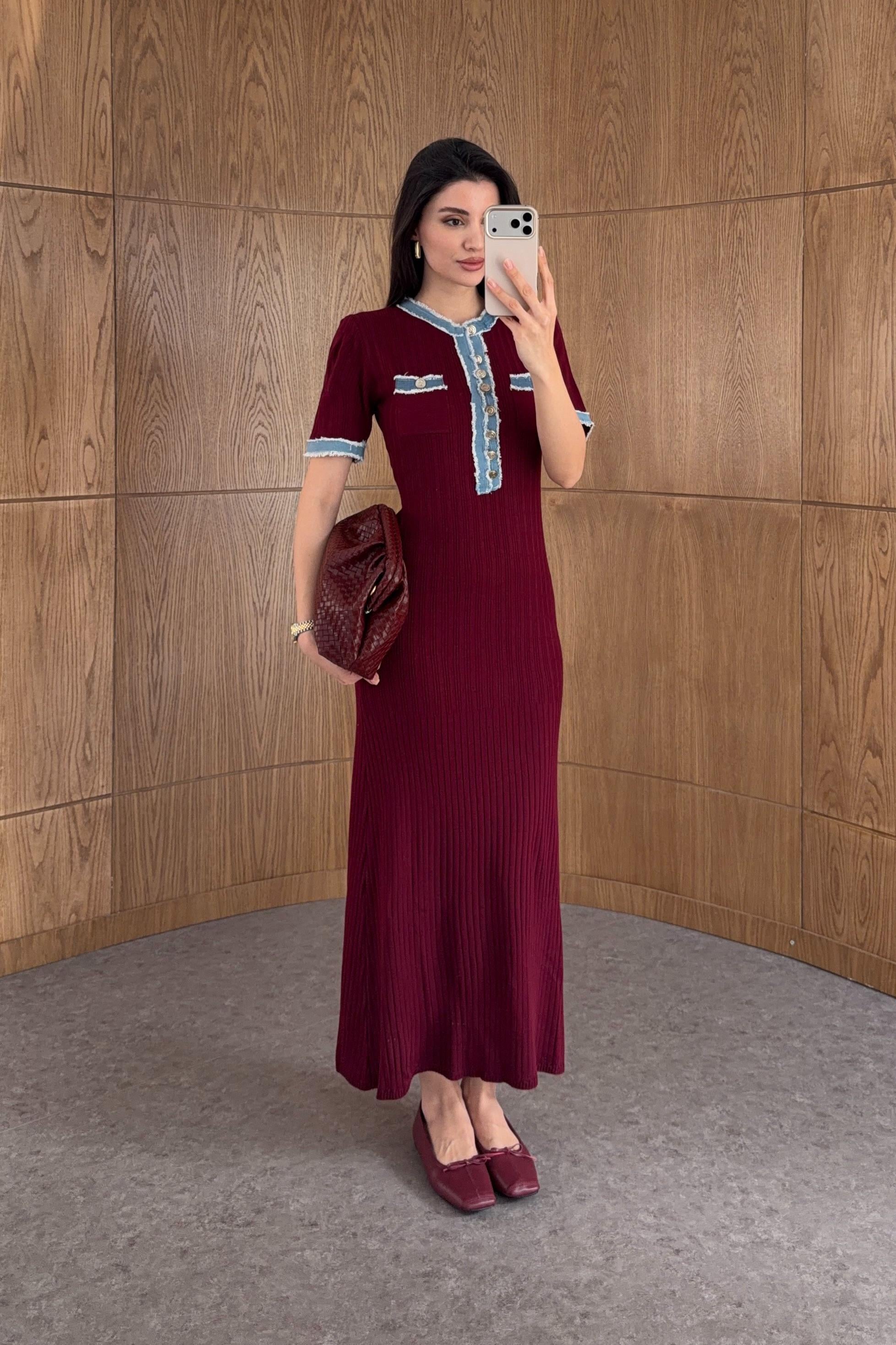 Denim Garnili Bordo Triko Elbise