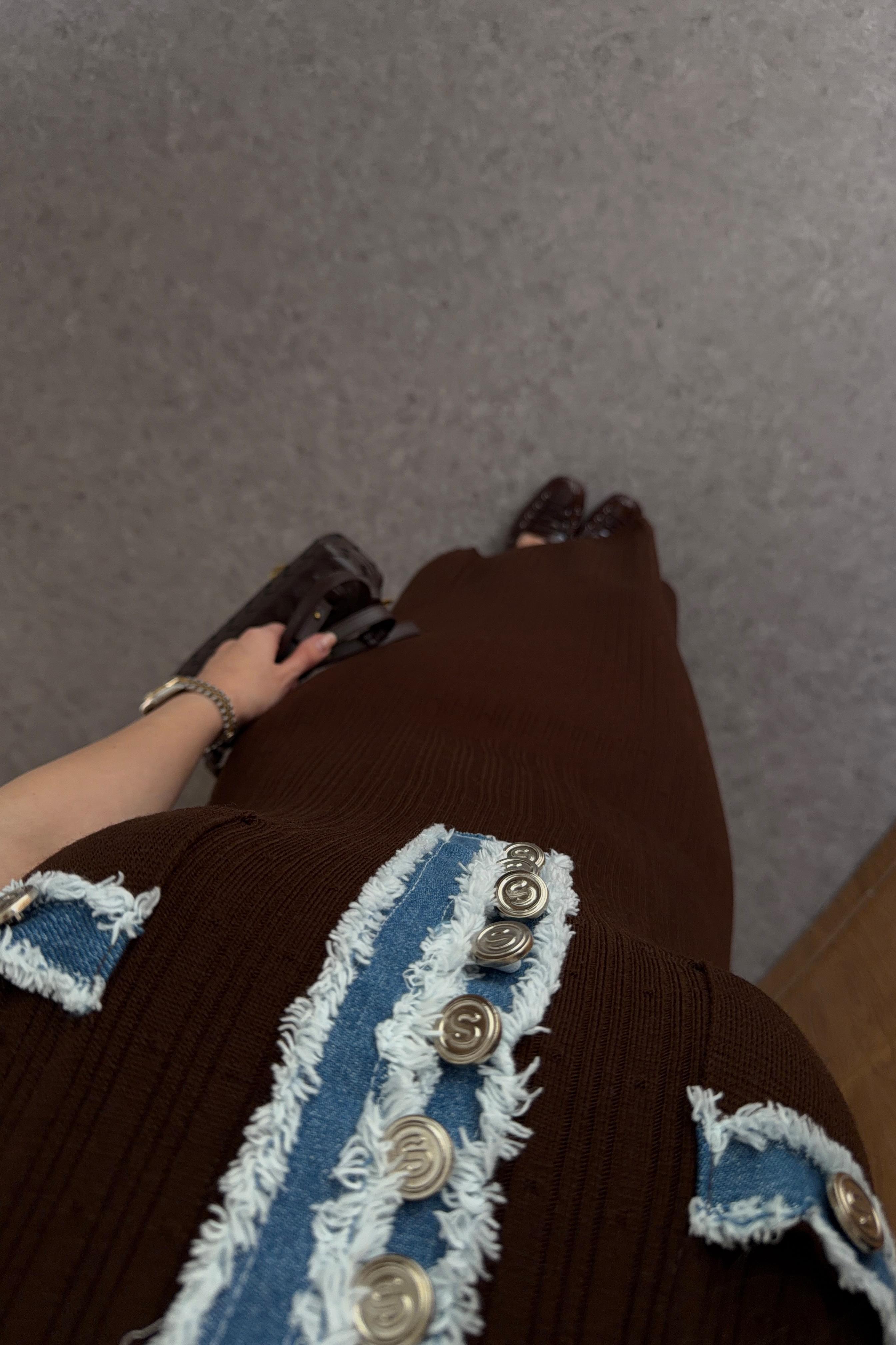 Denim Garnili Kahve Triko Elbise