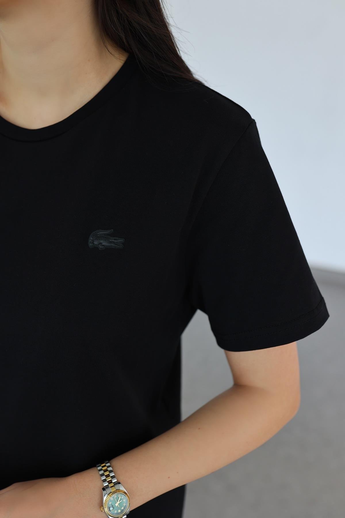 Deri Amblemli Siyah Basic Tshirt