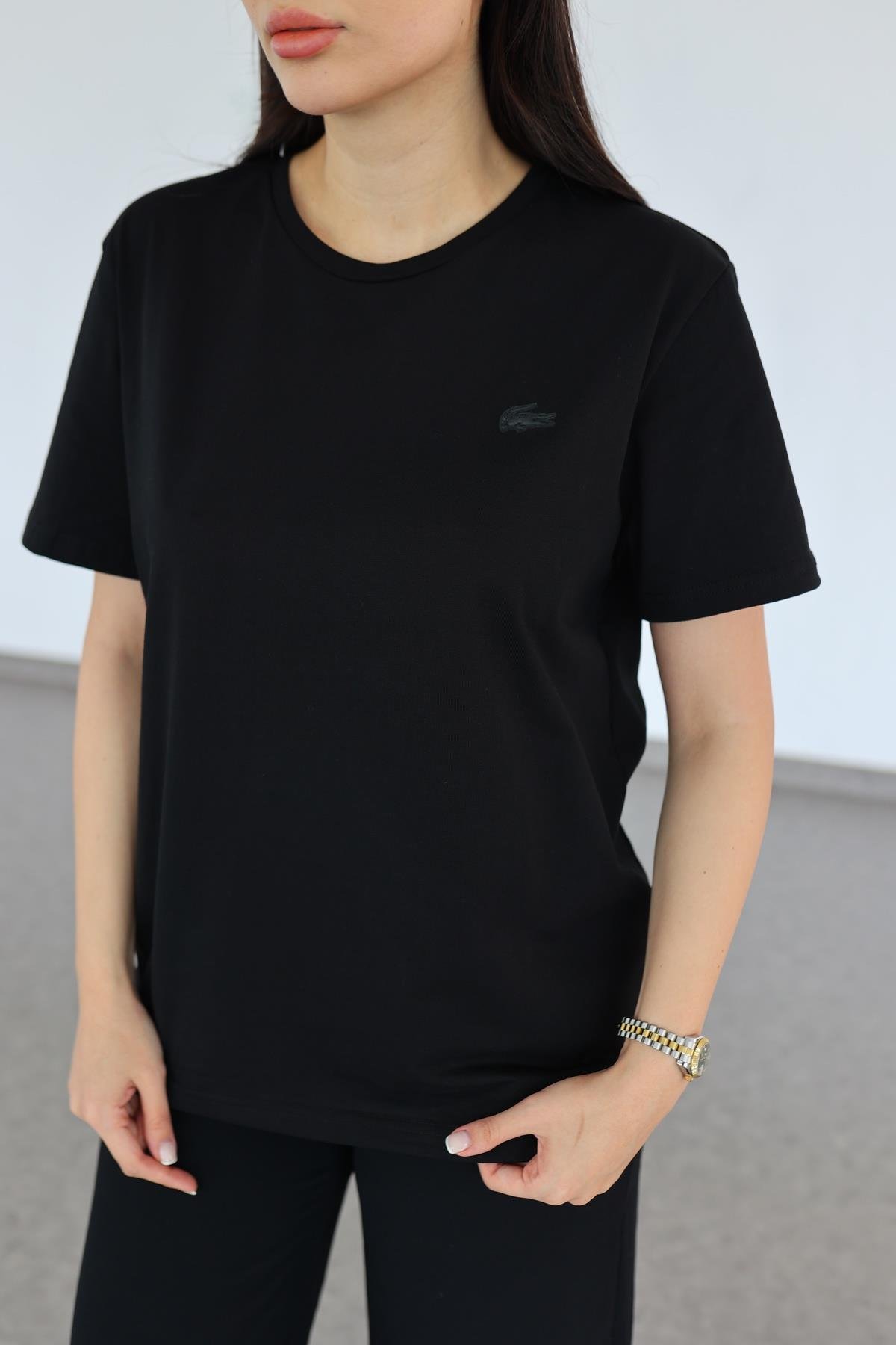 Deri Amblemli Siyah Basic Tshirt