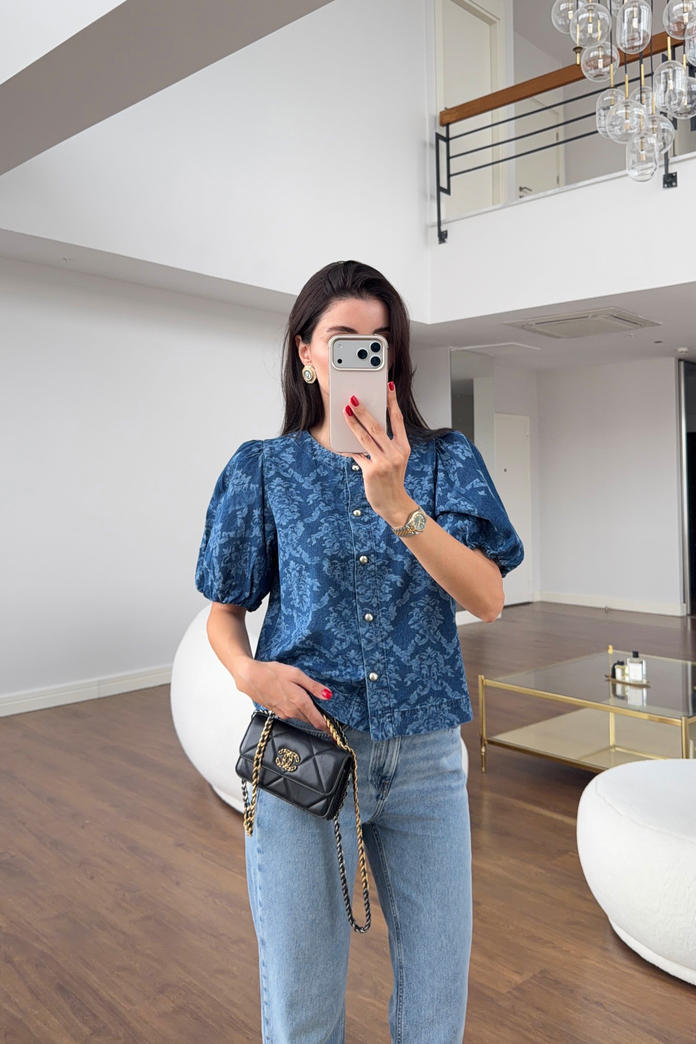 Desenli Balon Kol Denim Gömlek Bluz