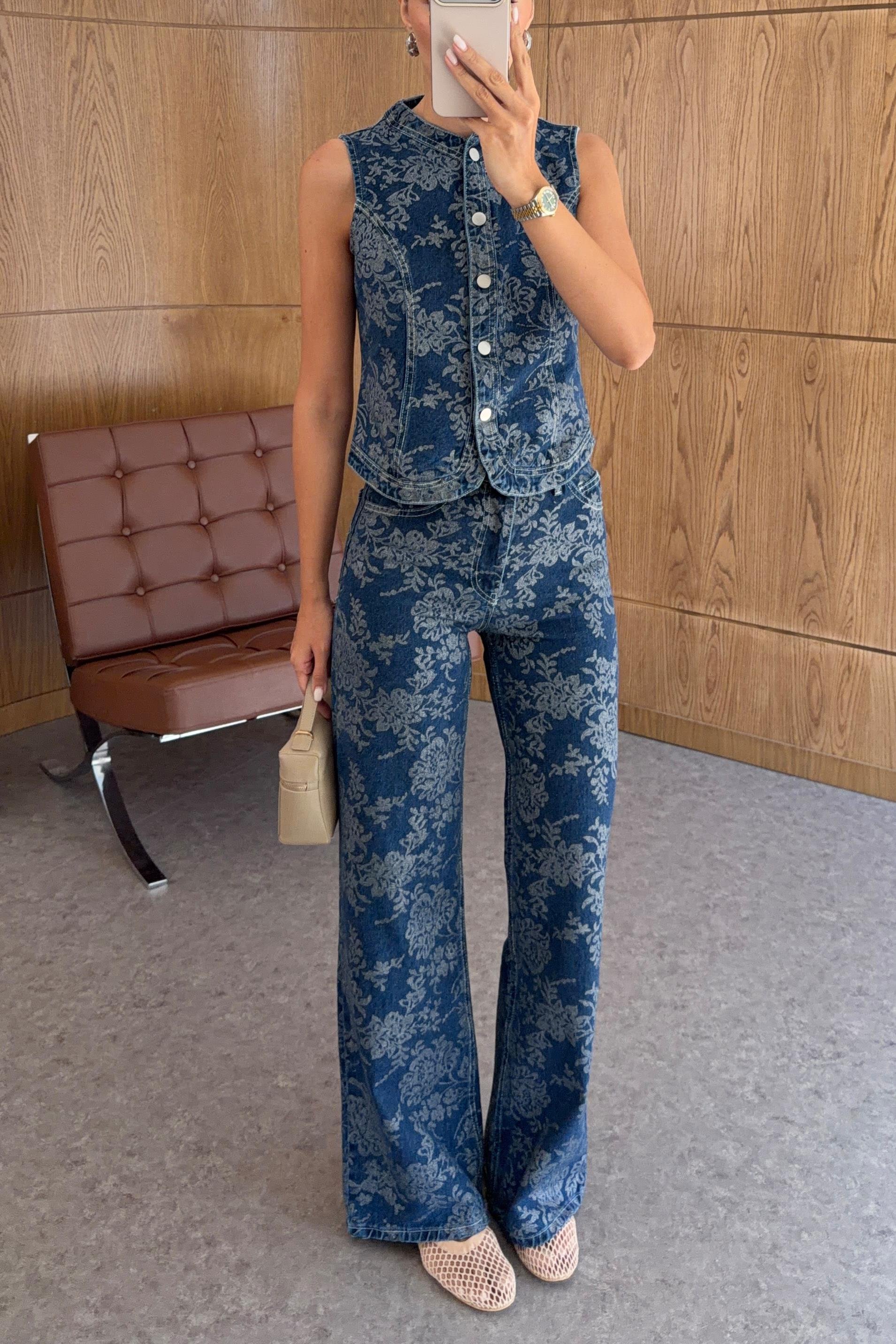 Desenli İkili Denim Takım