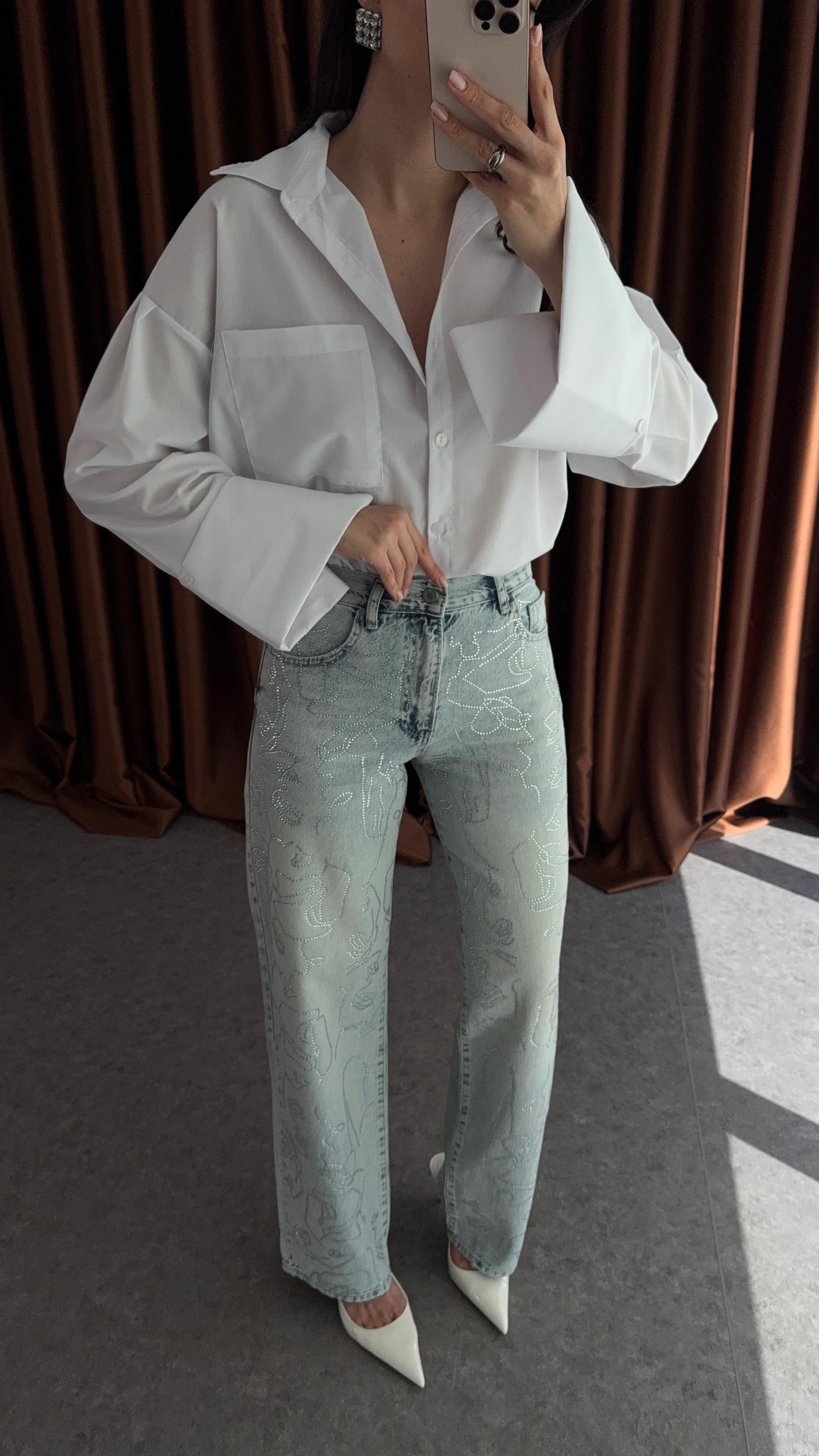 Desenli Taşlı Jean