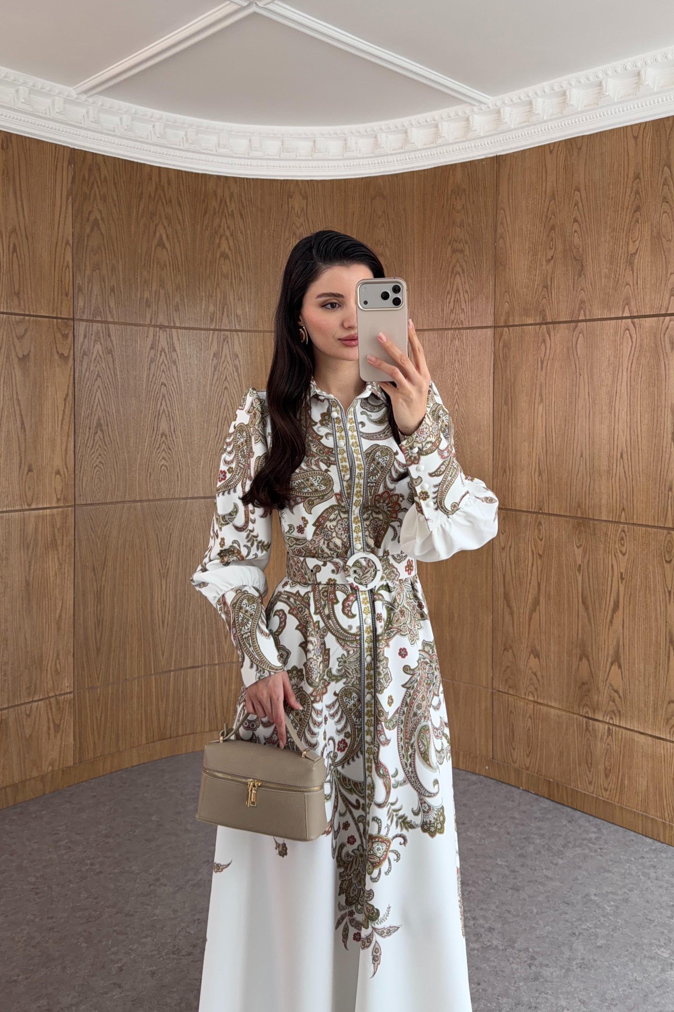 Dijital Baskı Kemerli Paisley Elbise