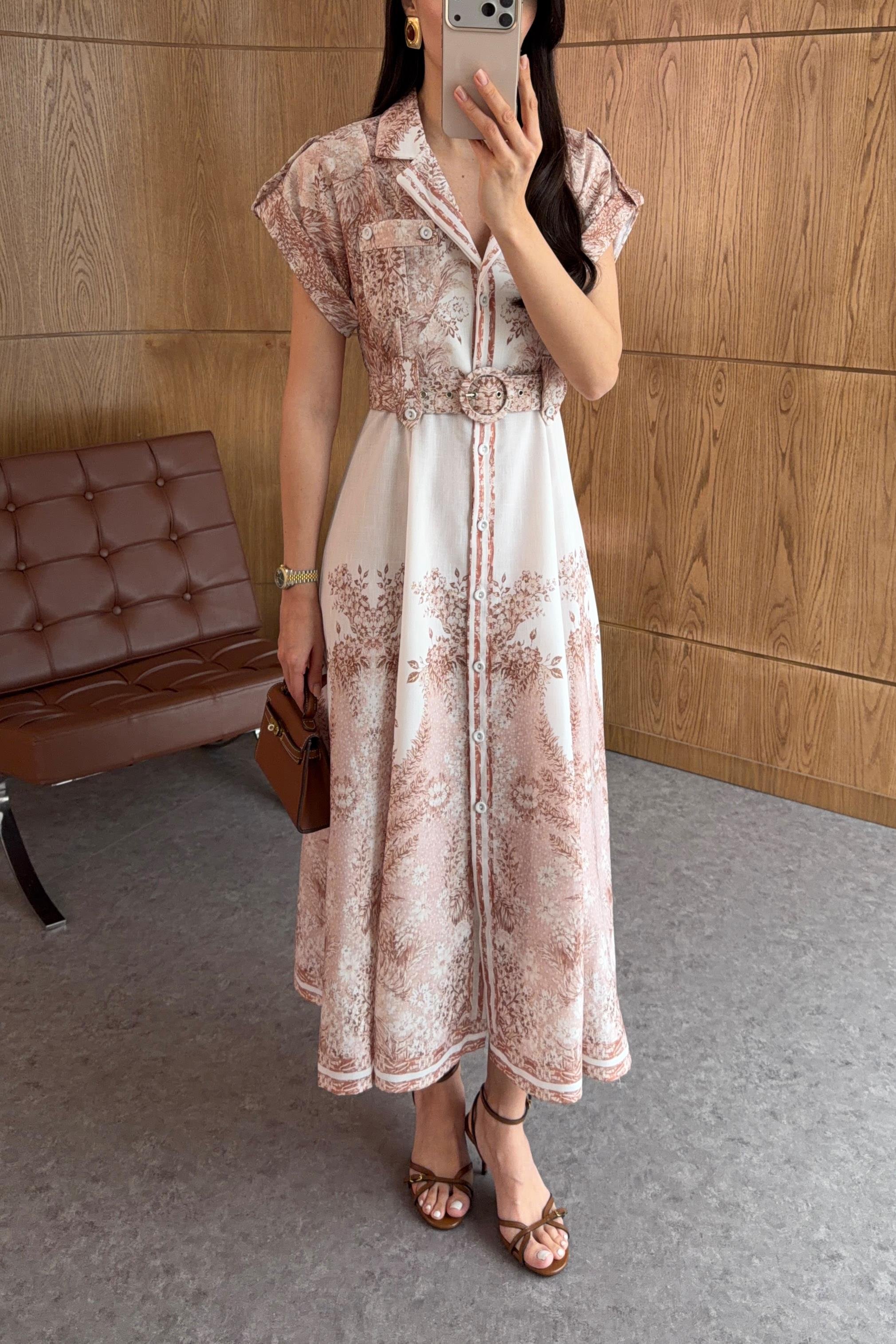 Dijital Baskı Pastel Rose Keten Elbise