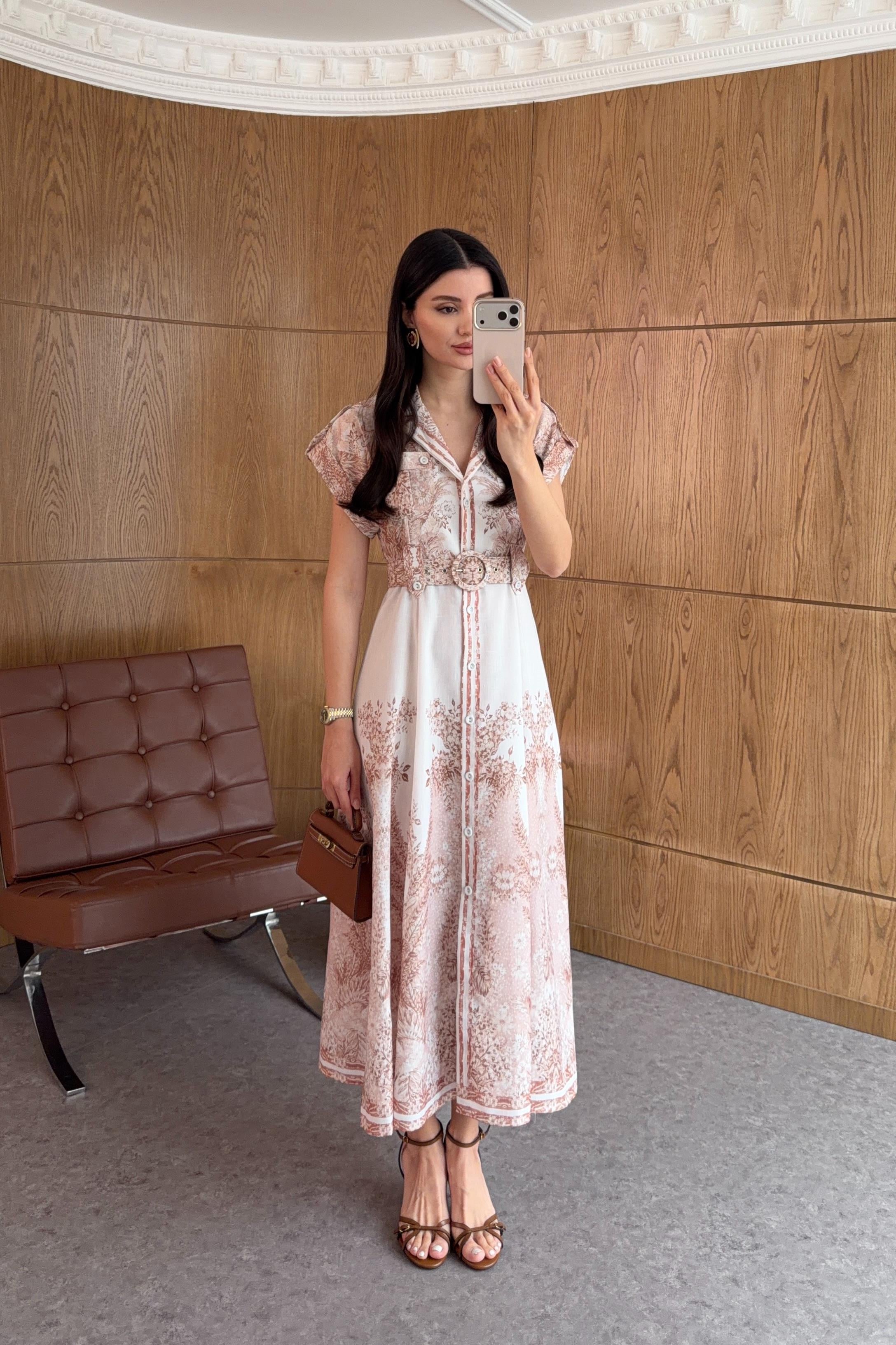 Dijital Baskı Pastel Rose Keten Elbise