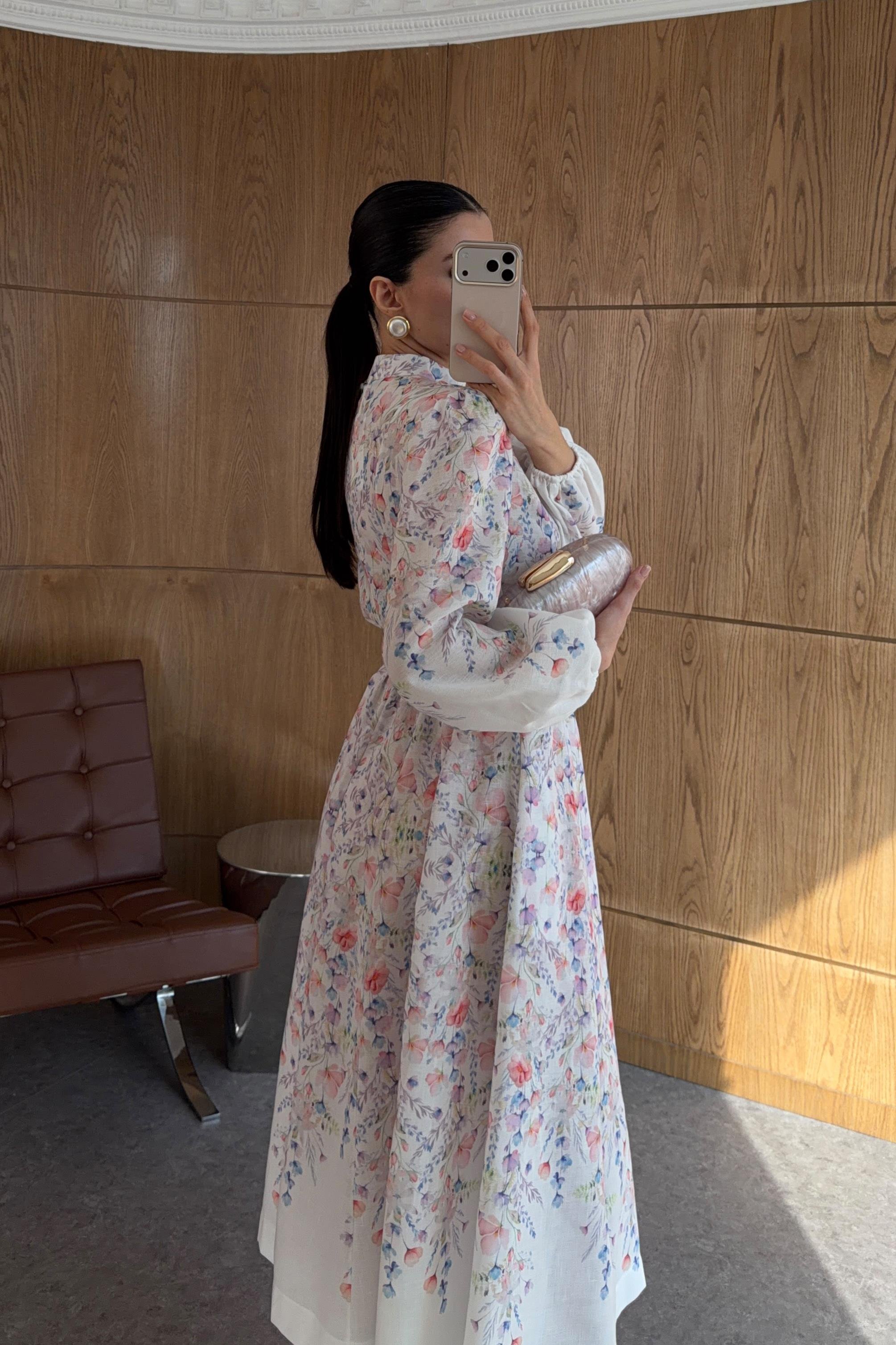 Dijital Çiçek Baskı Keten Çok Renkli Elbise