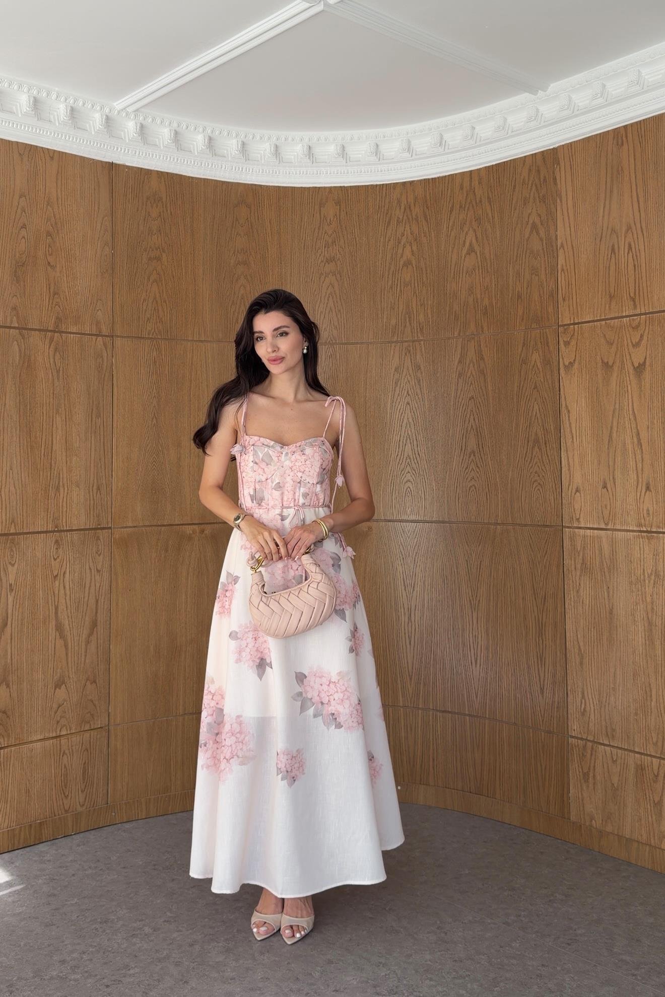 Dijital Çiçek Baskı Soft Pembe Askılı Elbise