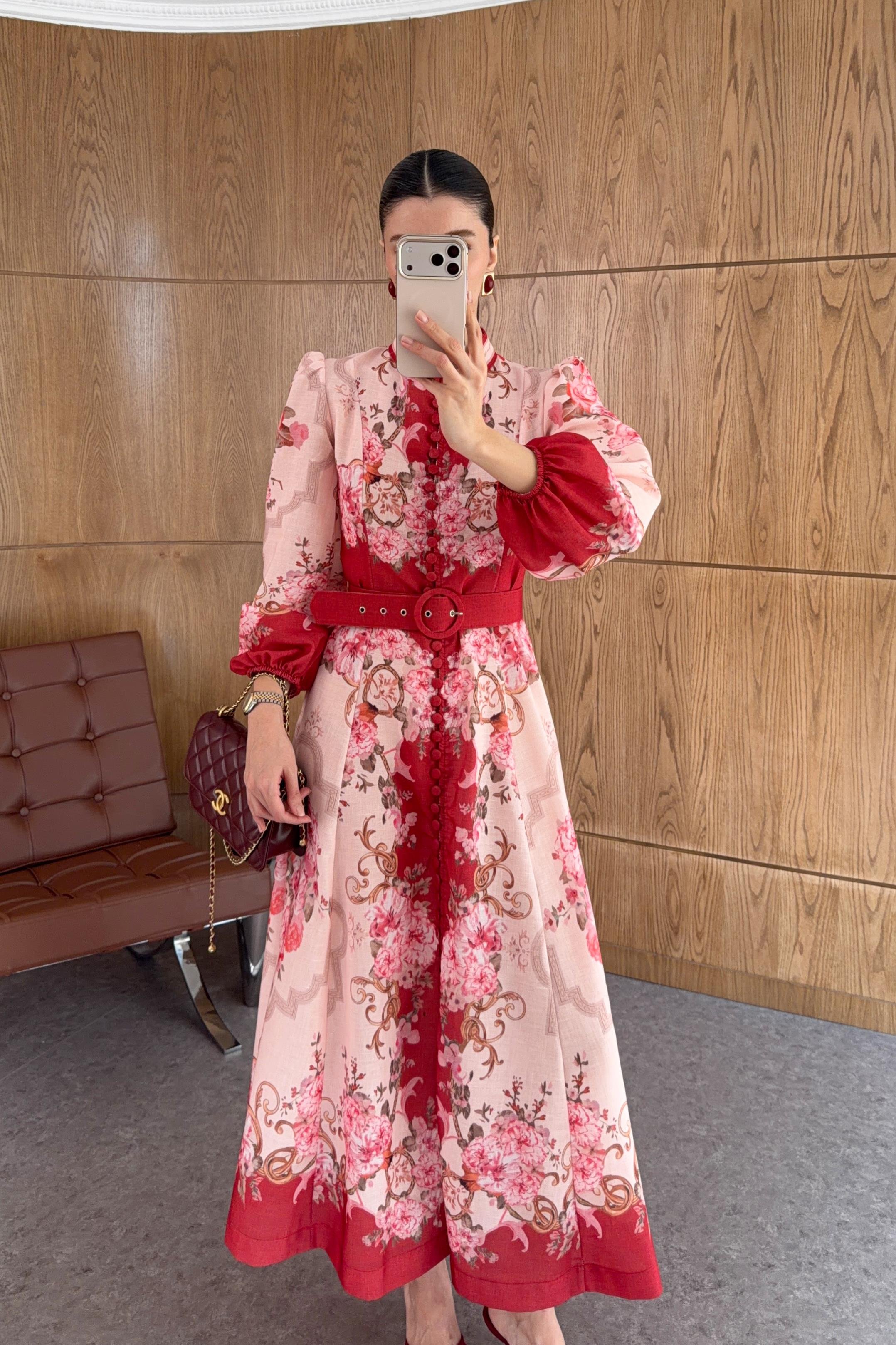 Dijital Gül Baskı Keten Bordo Elbise