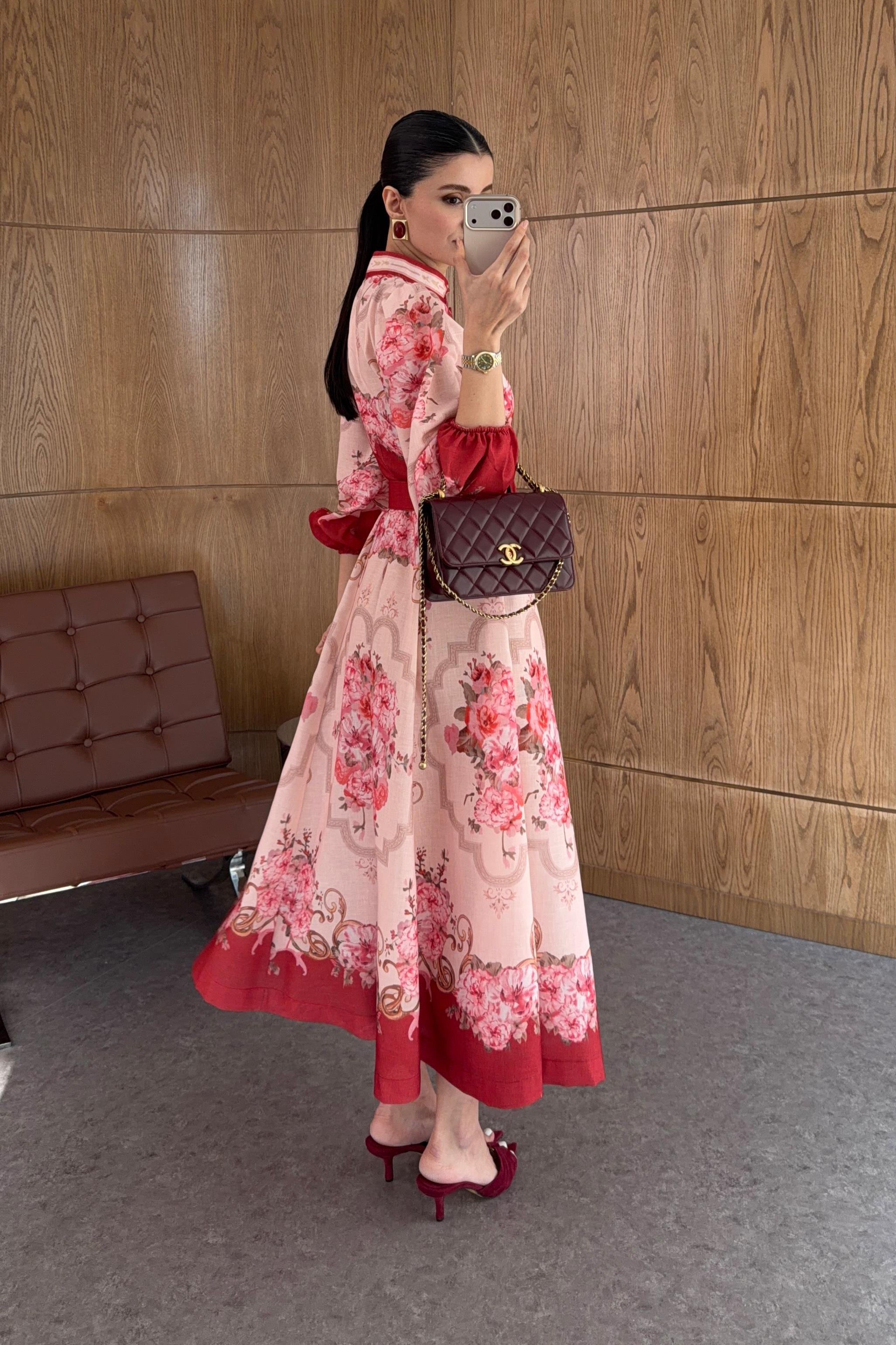 Dijital Gül Baskı Keten Bordo Elbise