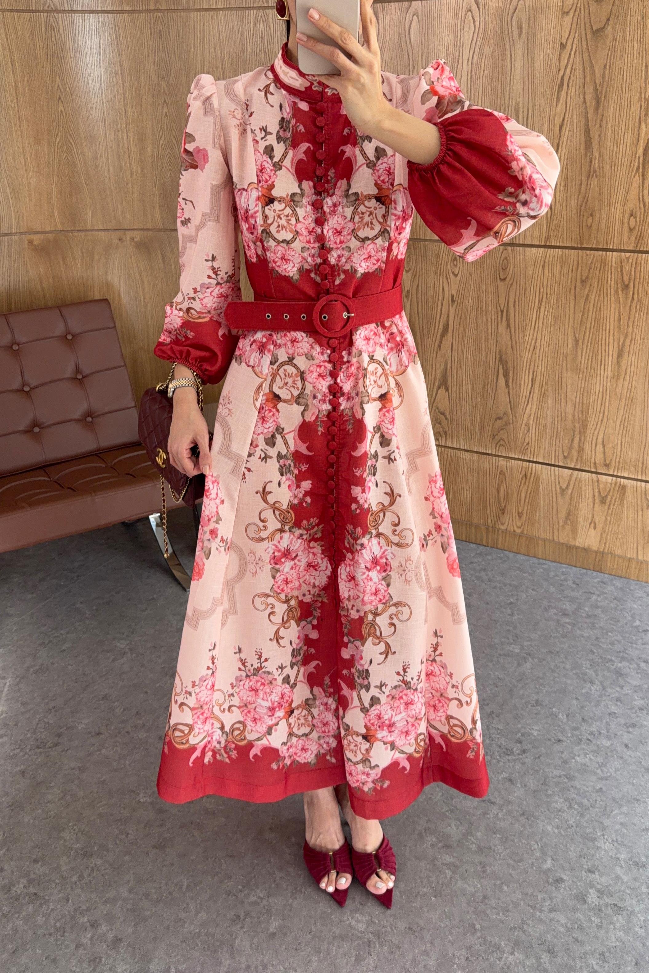 Dijital Gül Baskı Keten Bordo Elbise