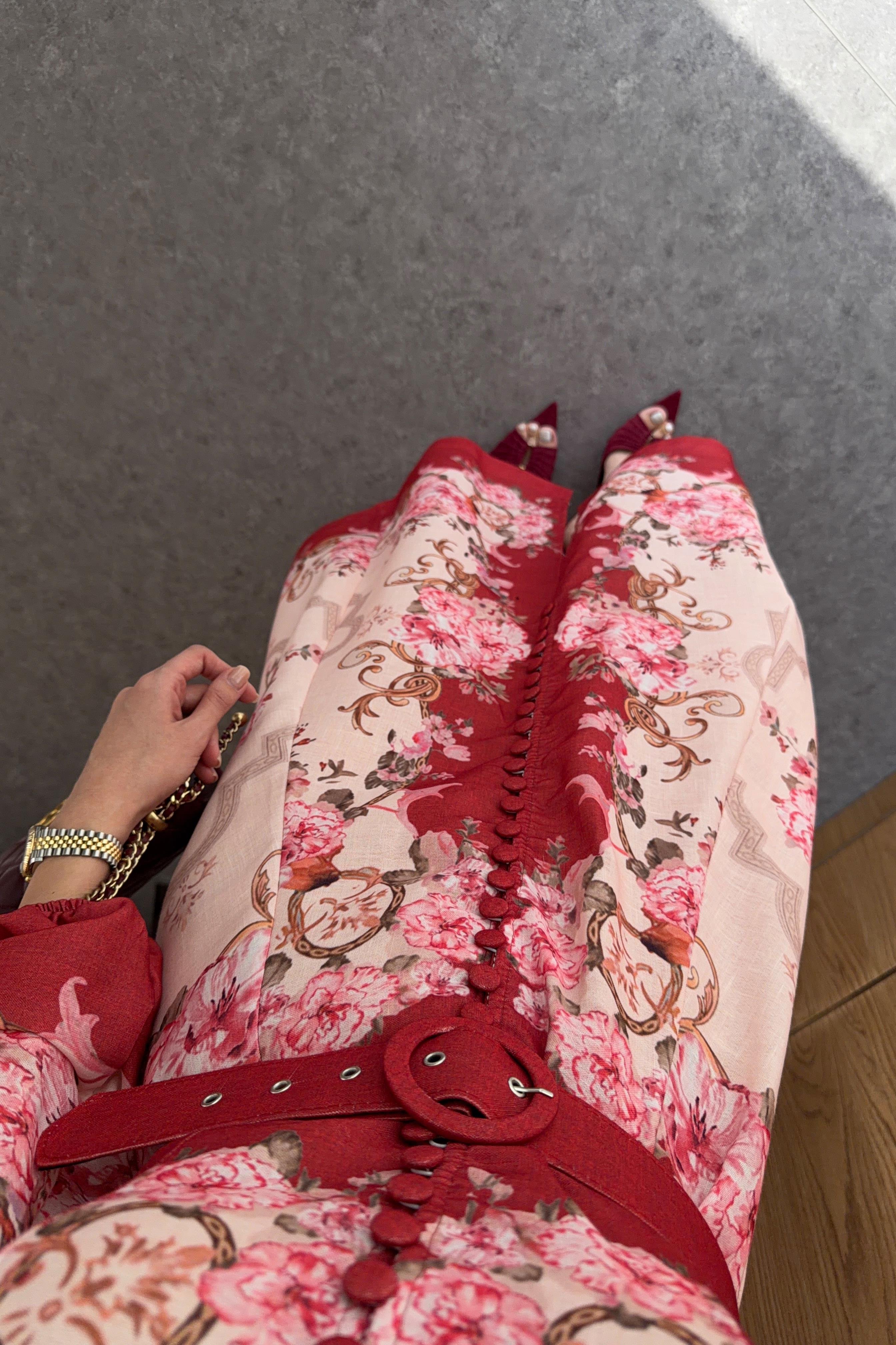 Dijital Gül Baskı Keten Bordo Elbise