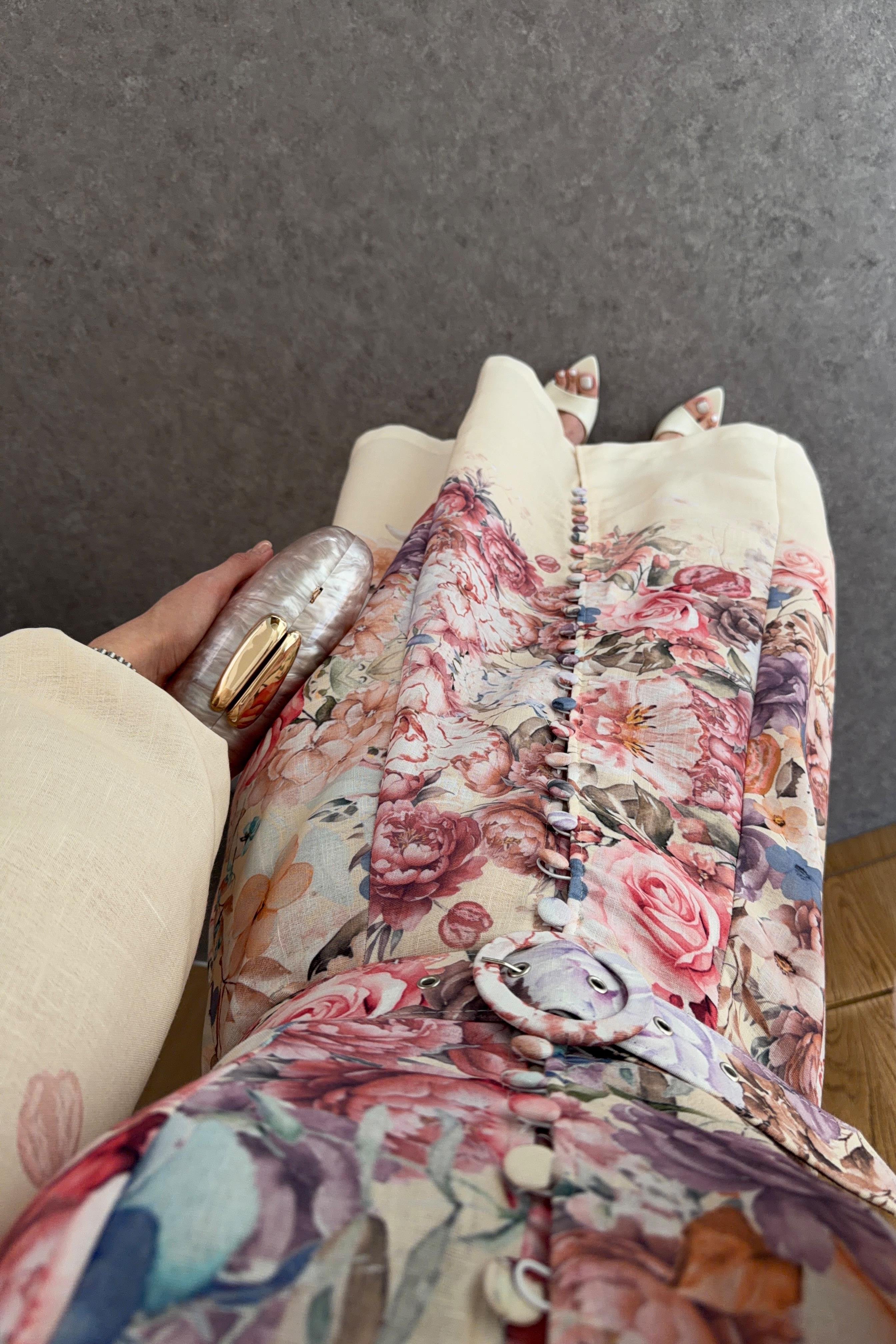 Dijital Gül Baskı Keten Çok Renkli Elbise