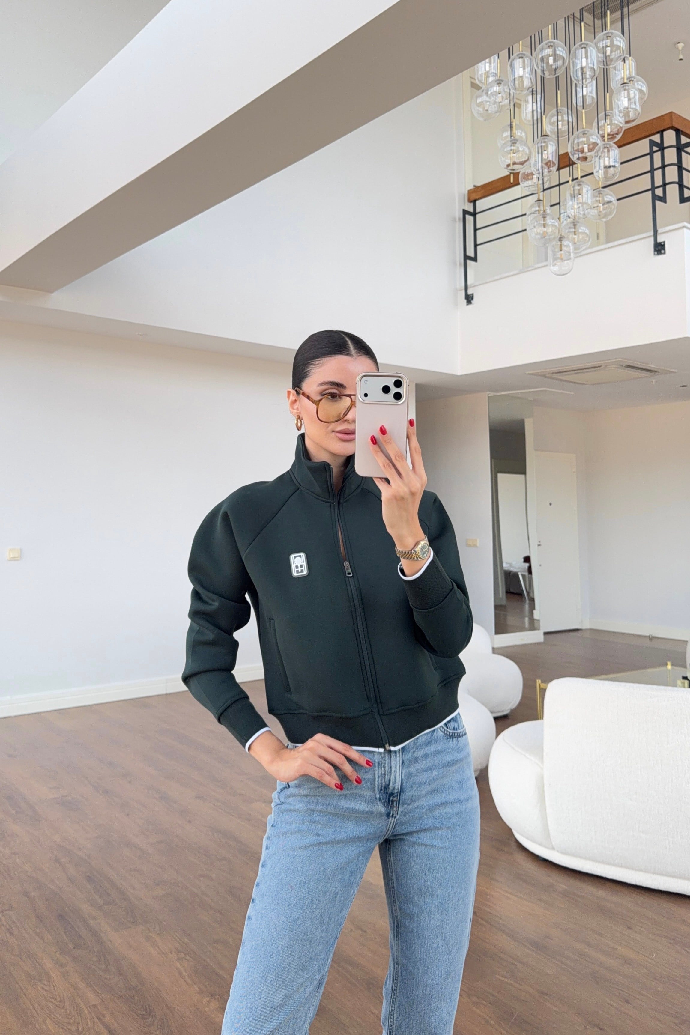 Dik Yaka Yeşil Scuba Crop Ceket