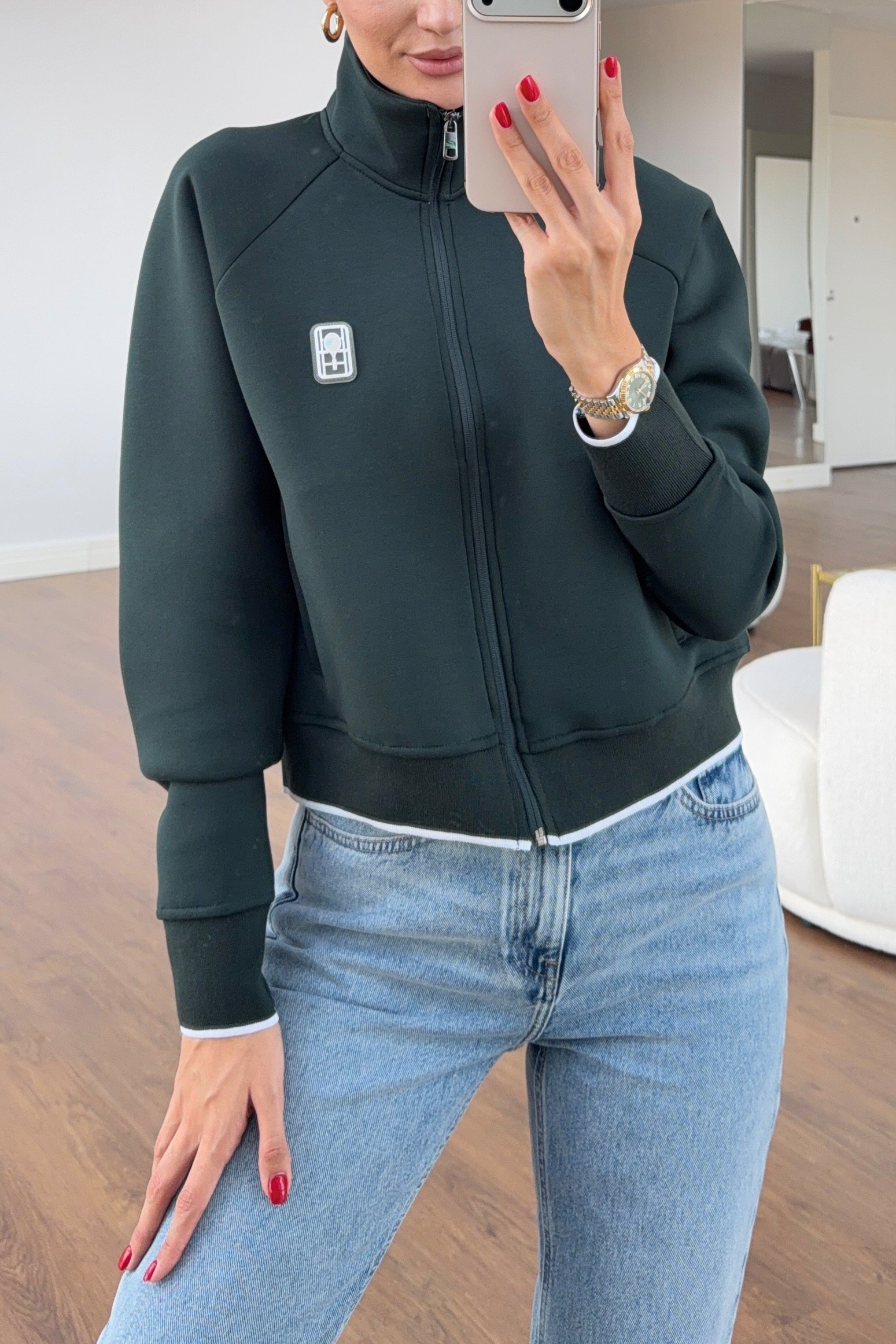 Dik Yaka Yeşil Scuba Crop Ceket