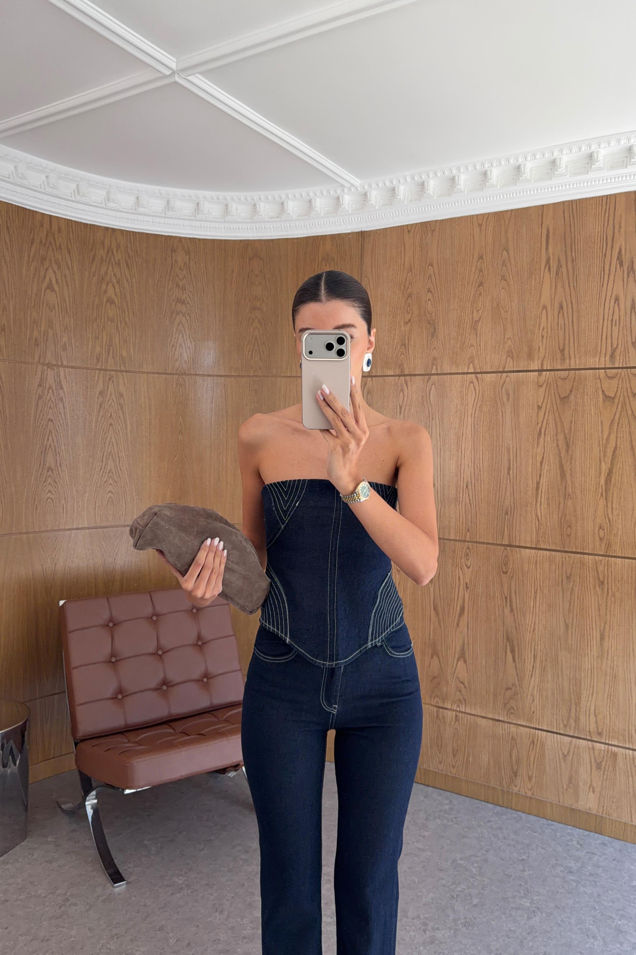 Dikişli İkili Likralı Denim Takım