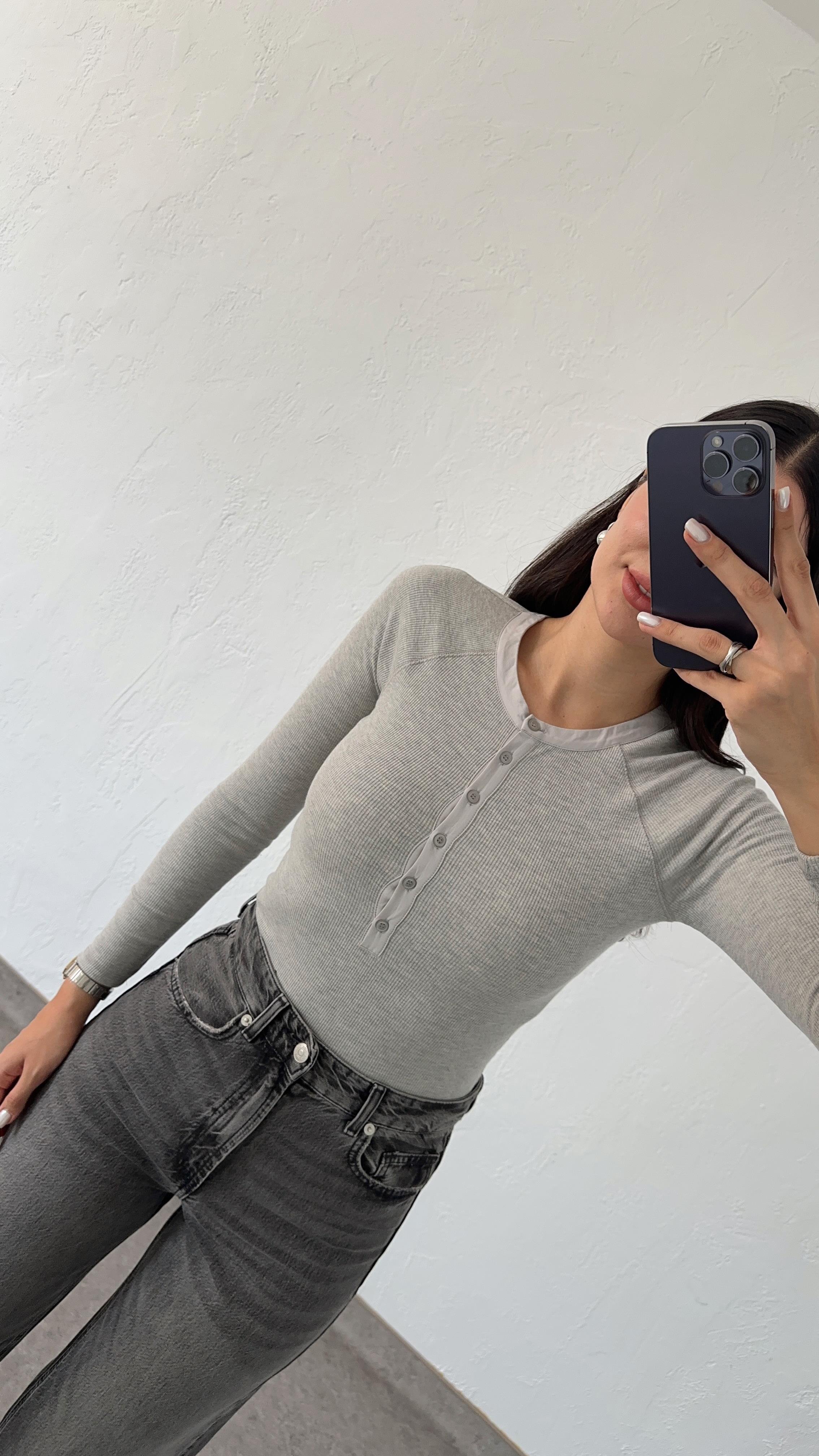 Düğmeli Basic Gri Bluz