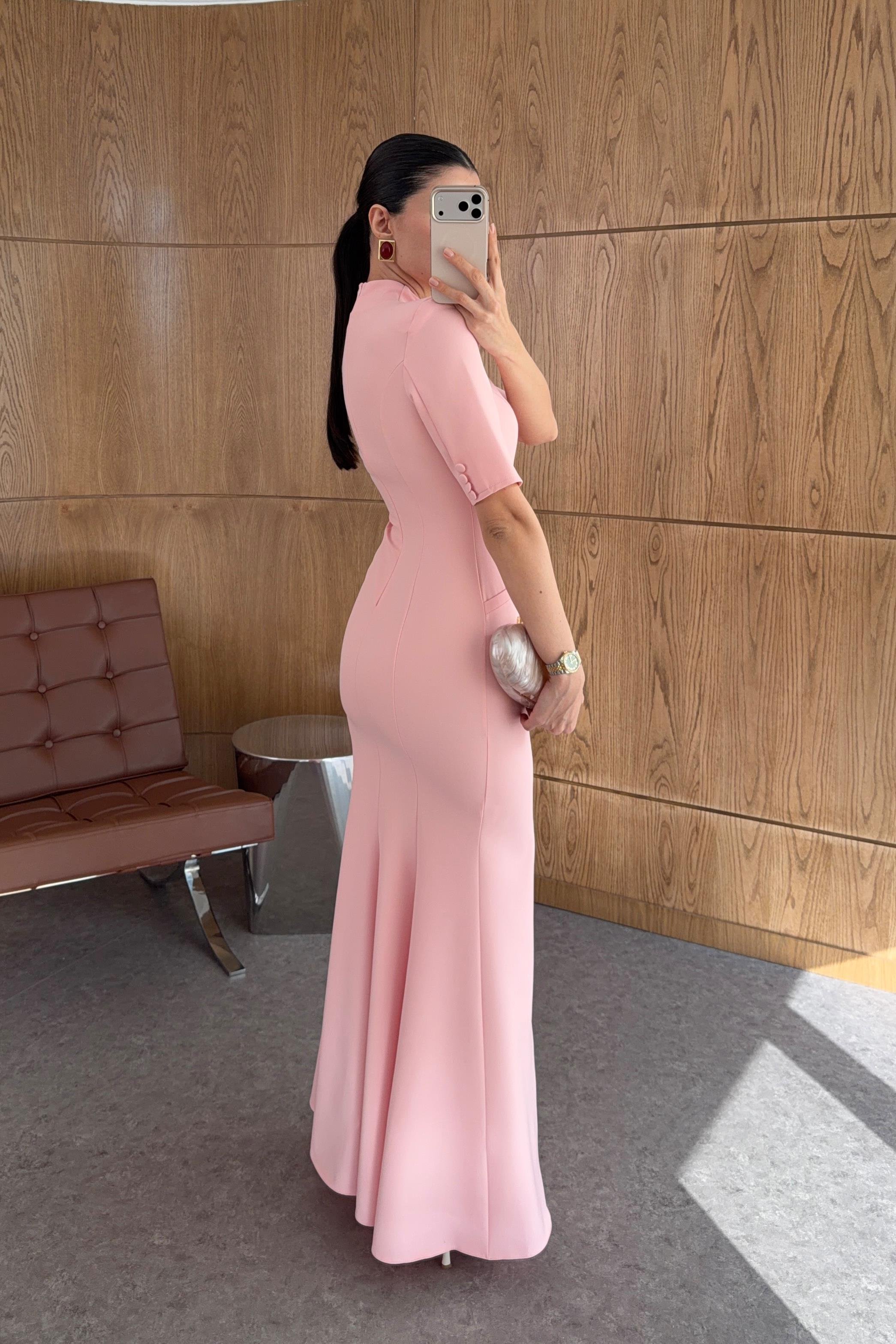 Düğmeli Maxi Boy Pembe Elbise