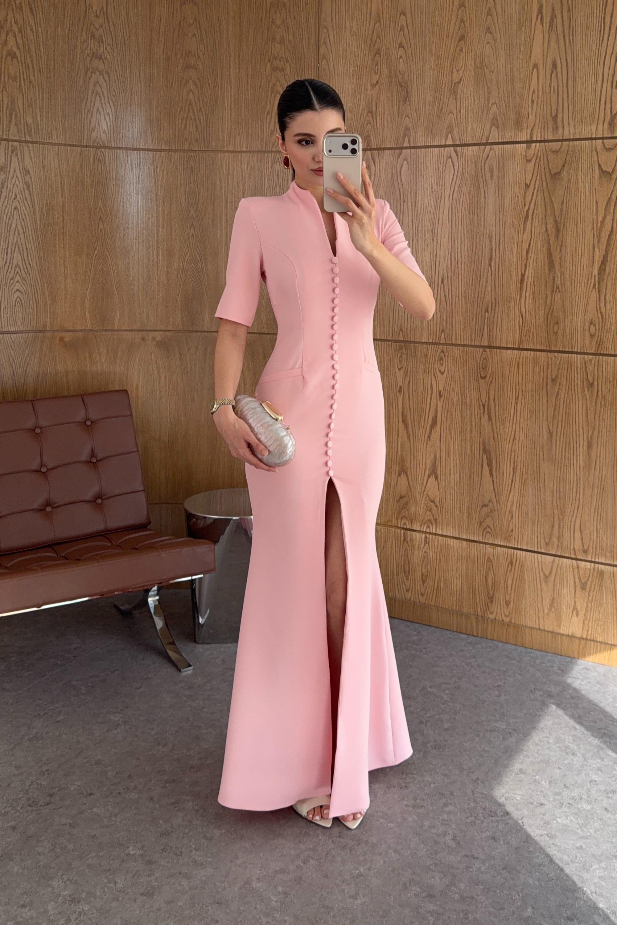 Düğmeli Maxi Boy Pembe Elbise