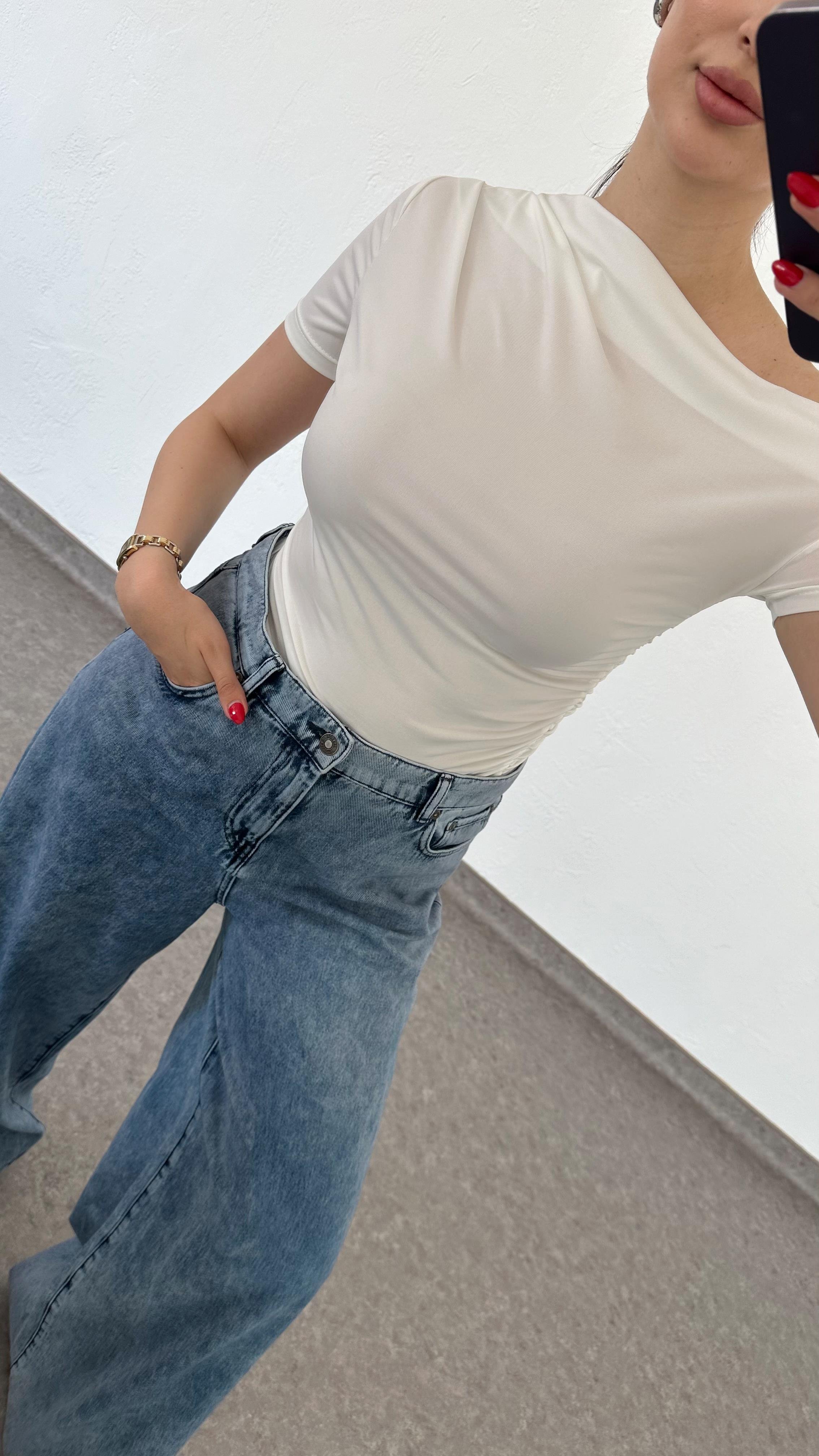 Düşük Omuz Basic Beyaz Bluz