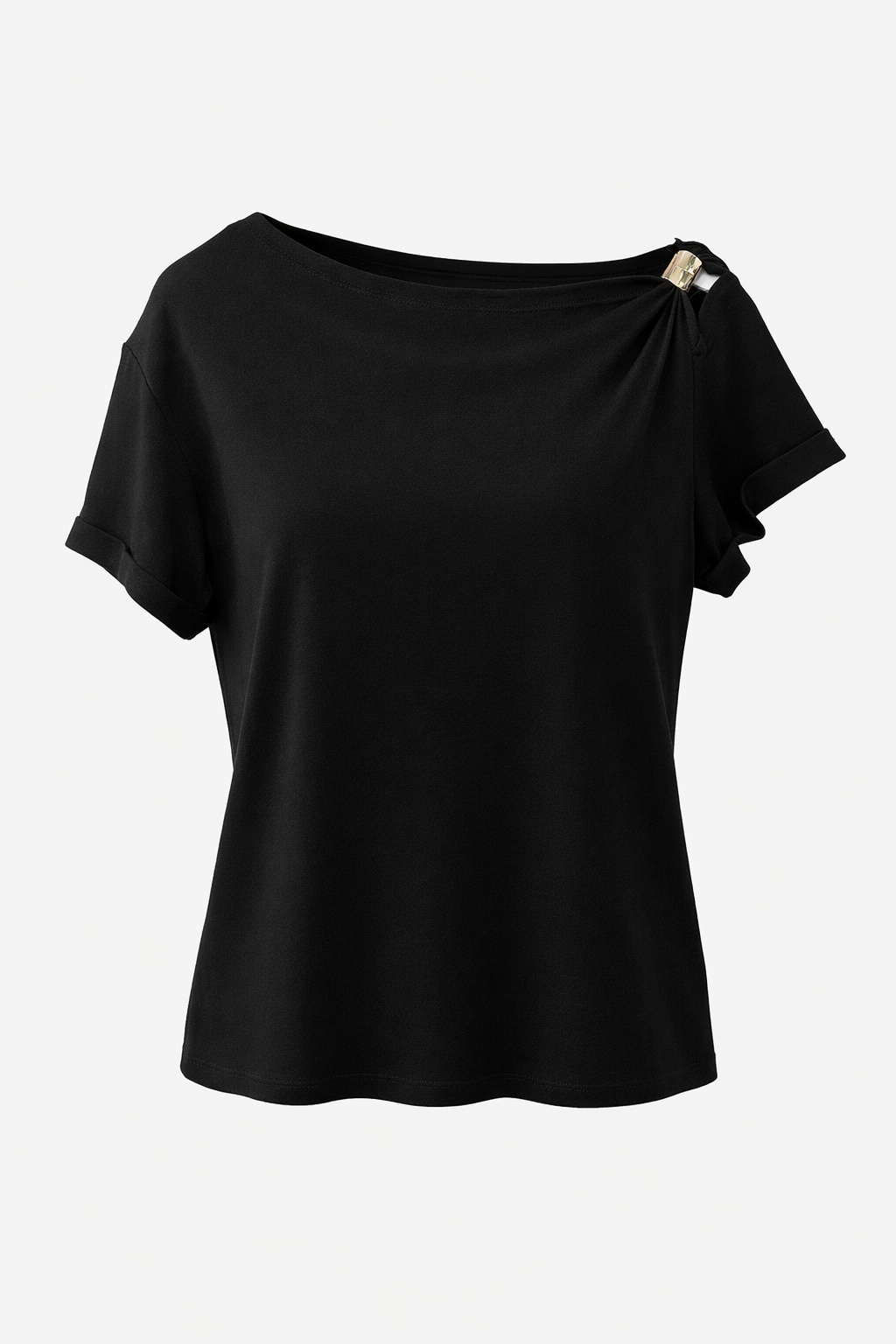 Düşük Omuz Tokalı Basic Siyah Bluz