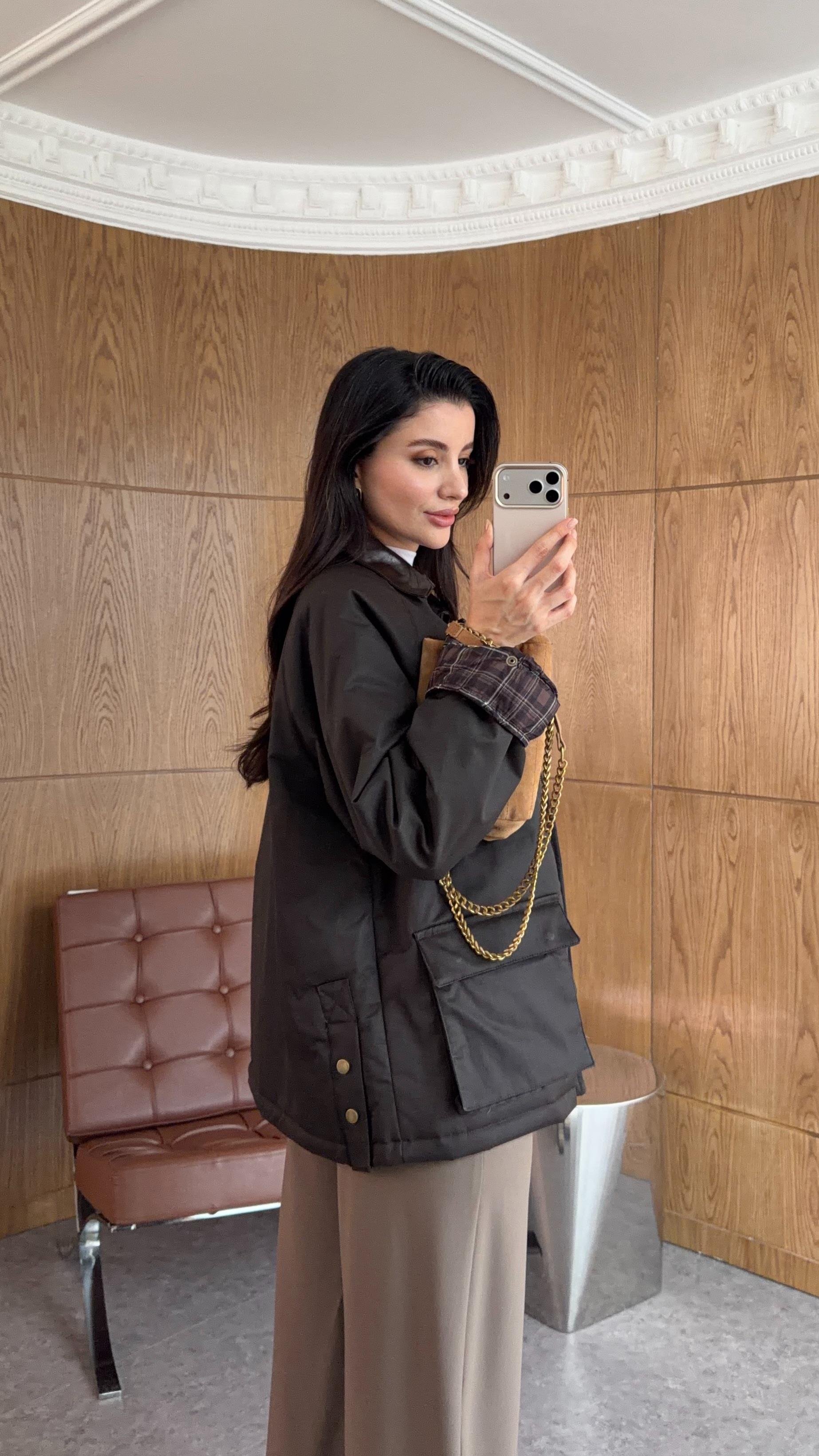 Ekose İç Detaylı Soğuk Haki Mumlu Mont