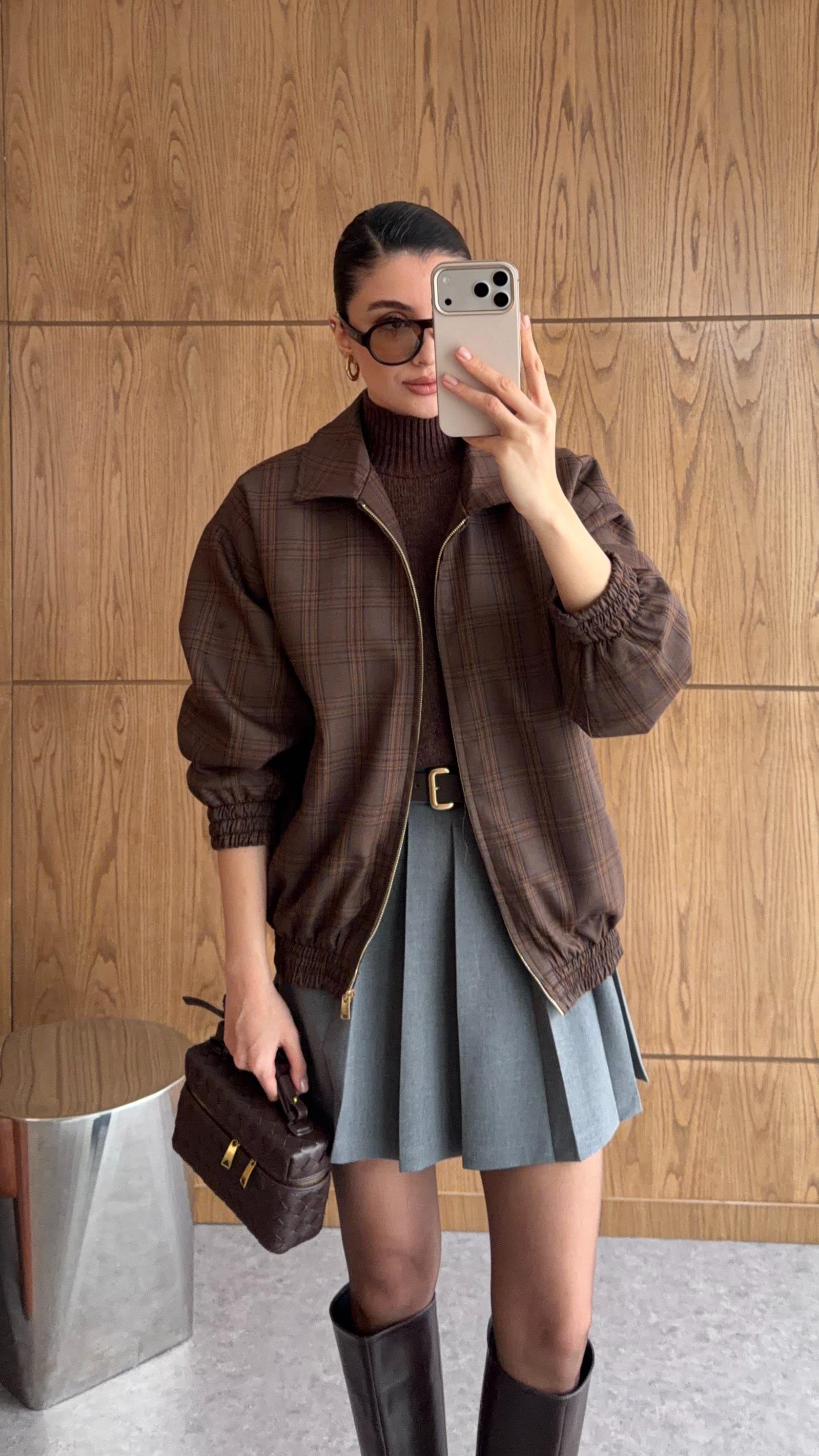 Ekoseli Kahve Bomber Ceket