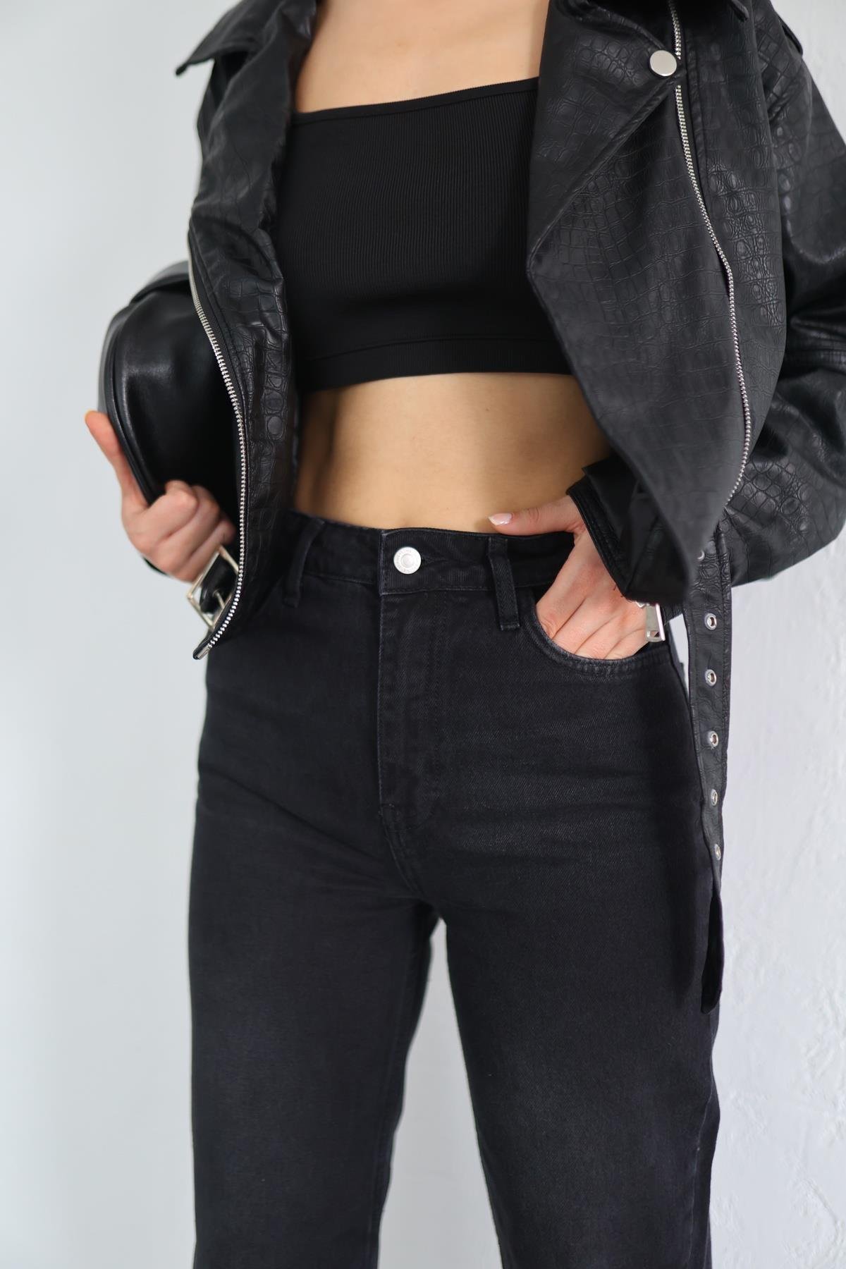 Eskitme Siyah Mom Jean