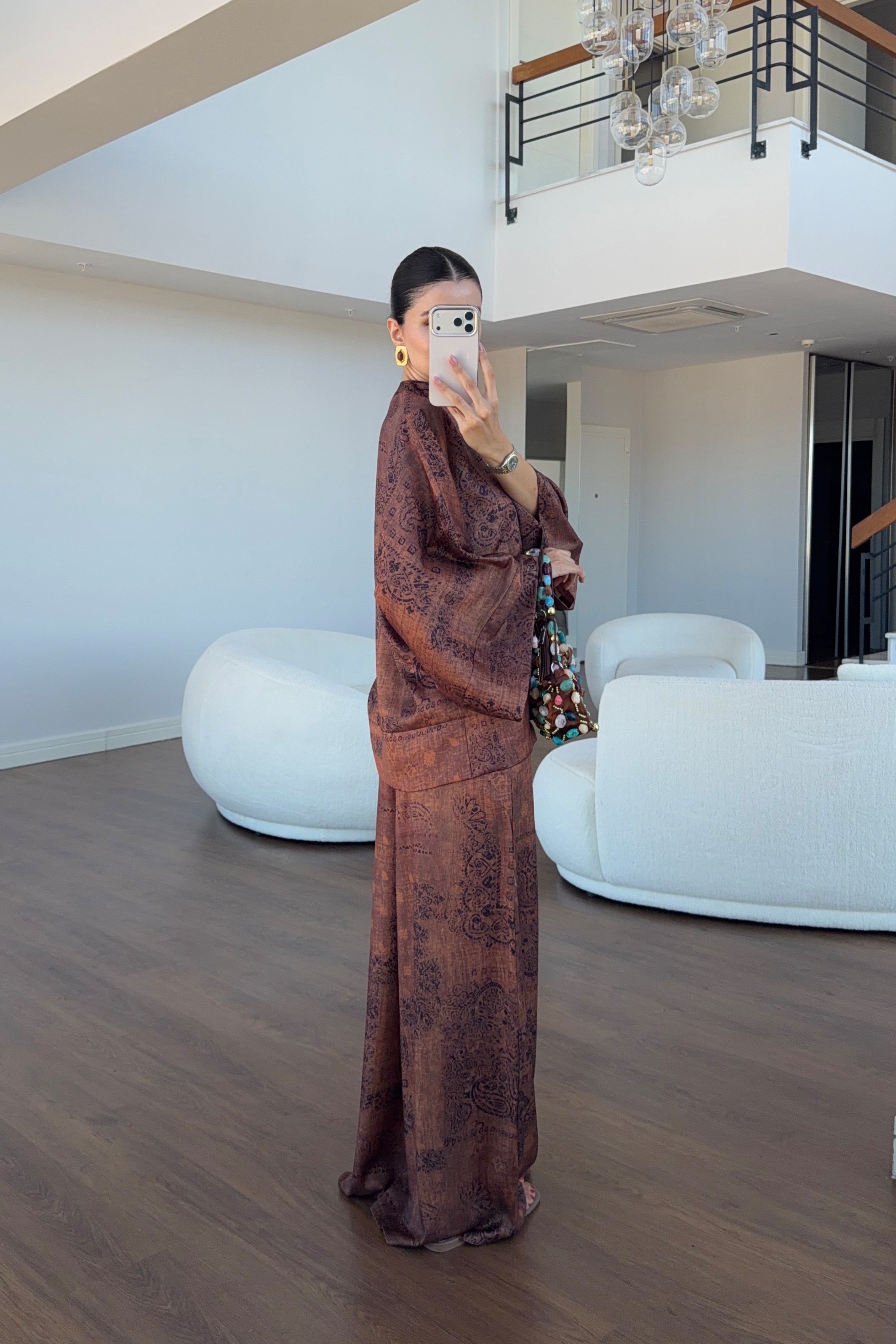 Etnik Desenli Kimono Bluz-Palazzo Pantolon Saten Takım