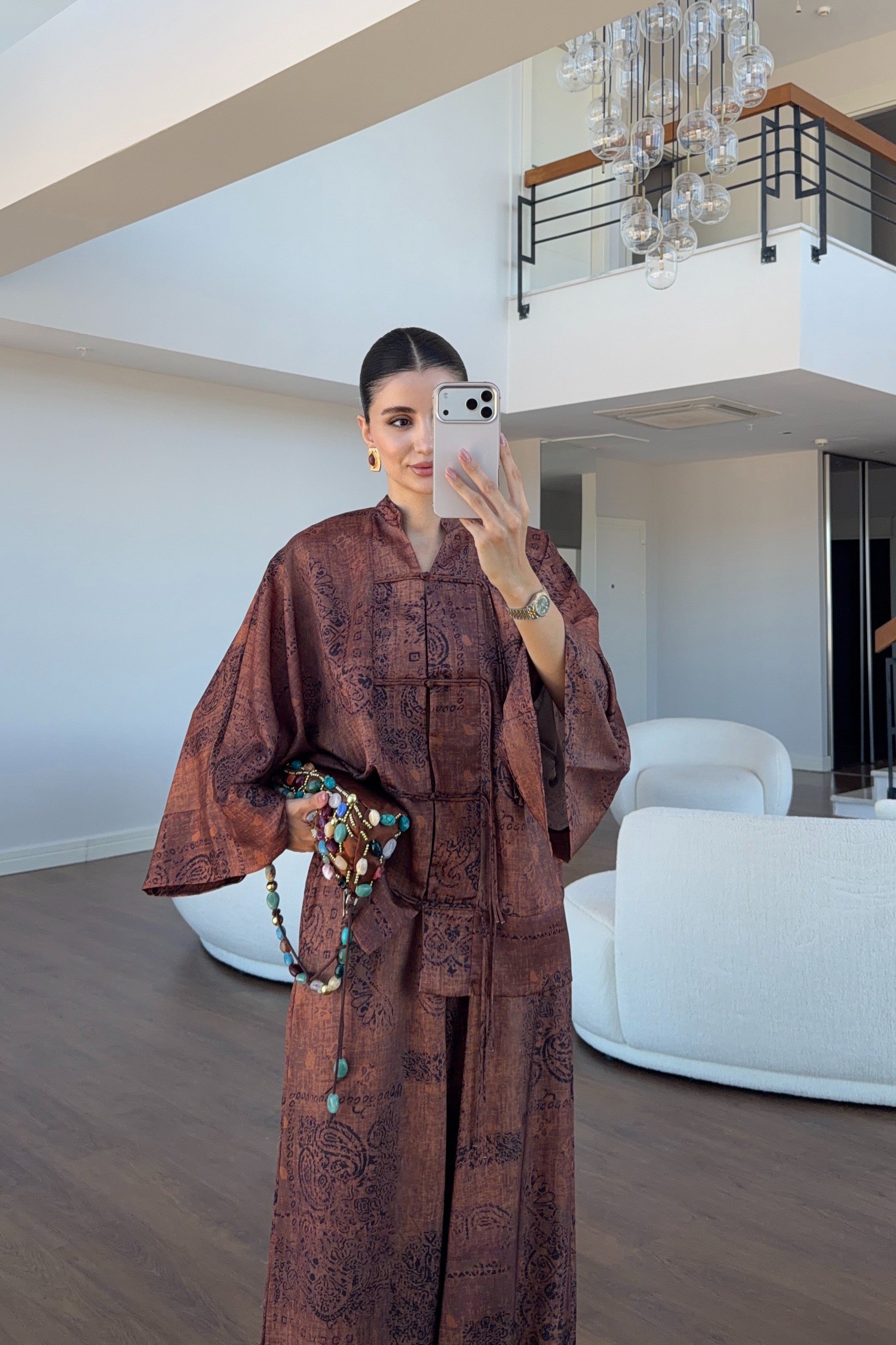 Etnik Desenli Kimono Bluz-Palazzo Pantolon Saten Takım