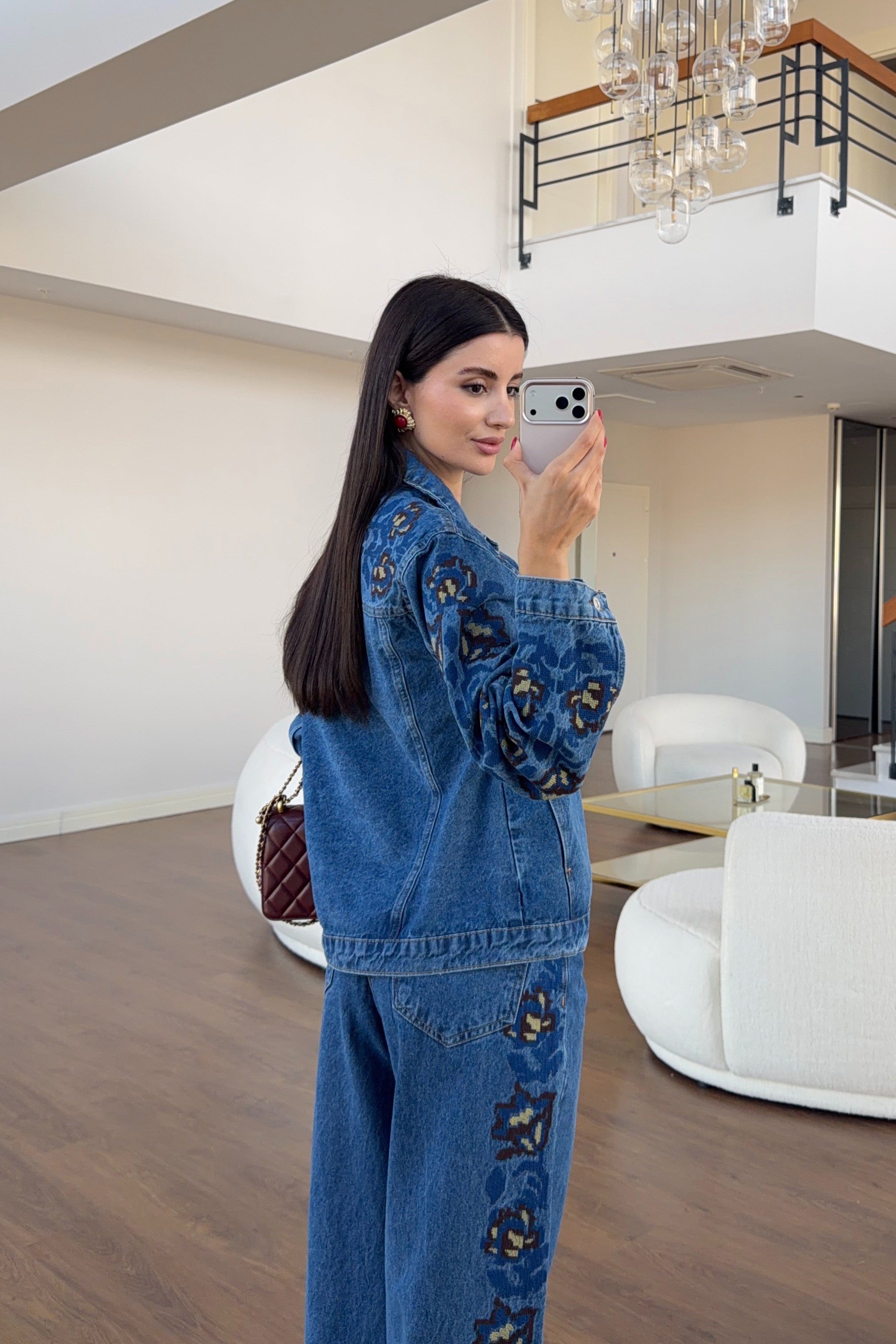 Etnik İşlemeli İkili Denim  Takım