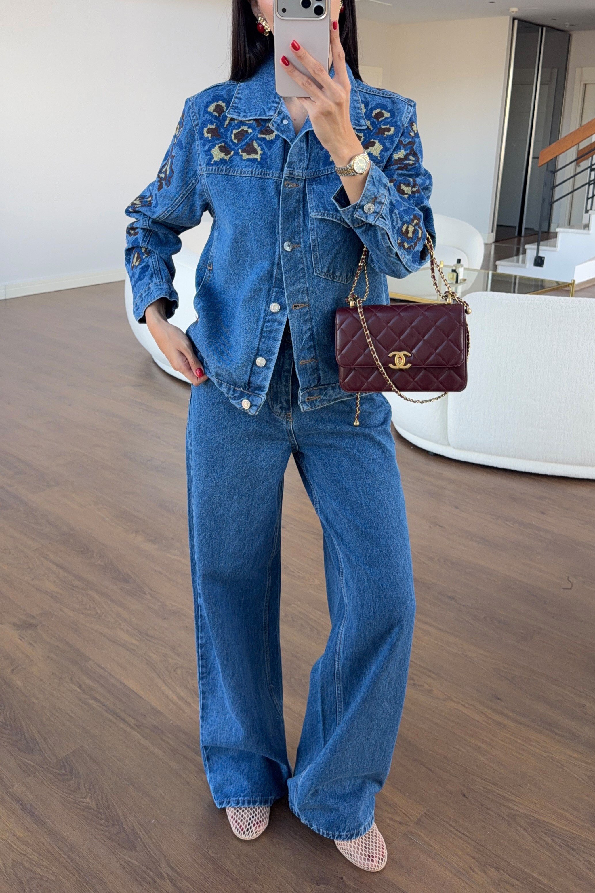 Etnik İşlemeli İkili Denim  Takım