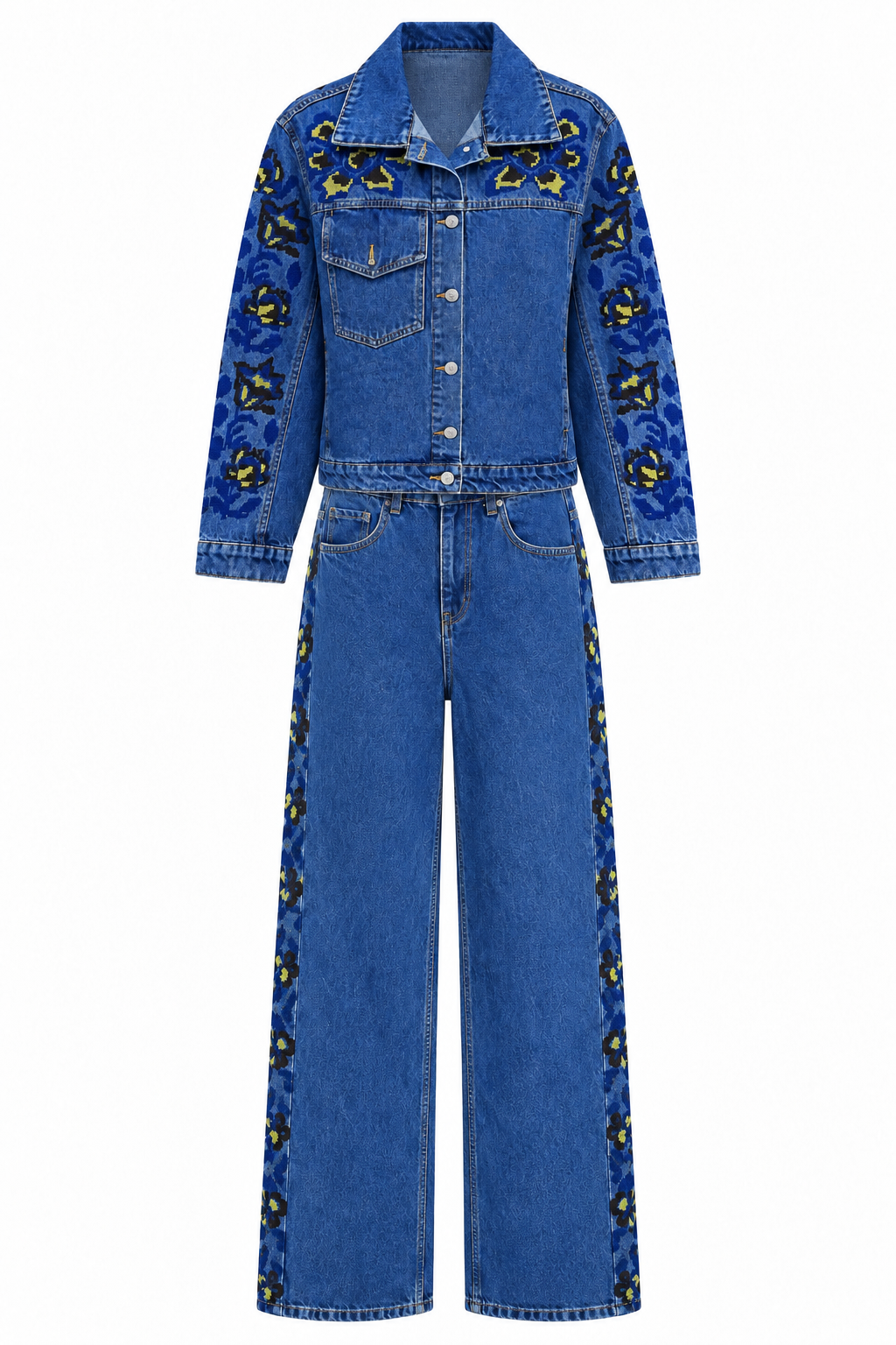 Etnik İşlemeli İkili Denim  Takım