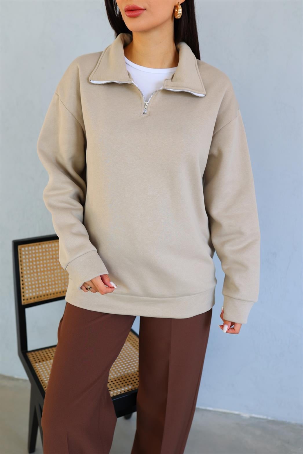 Fermuarlı 3 İplik Krem Sweat