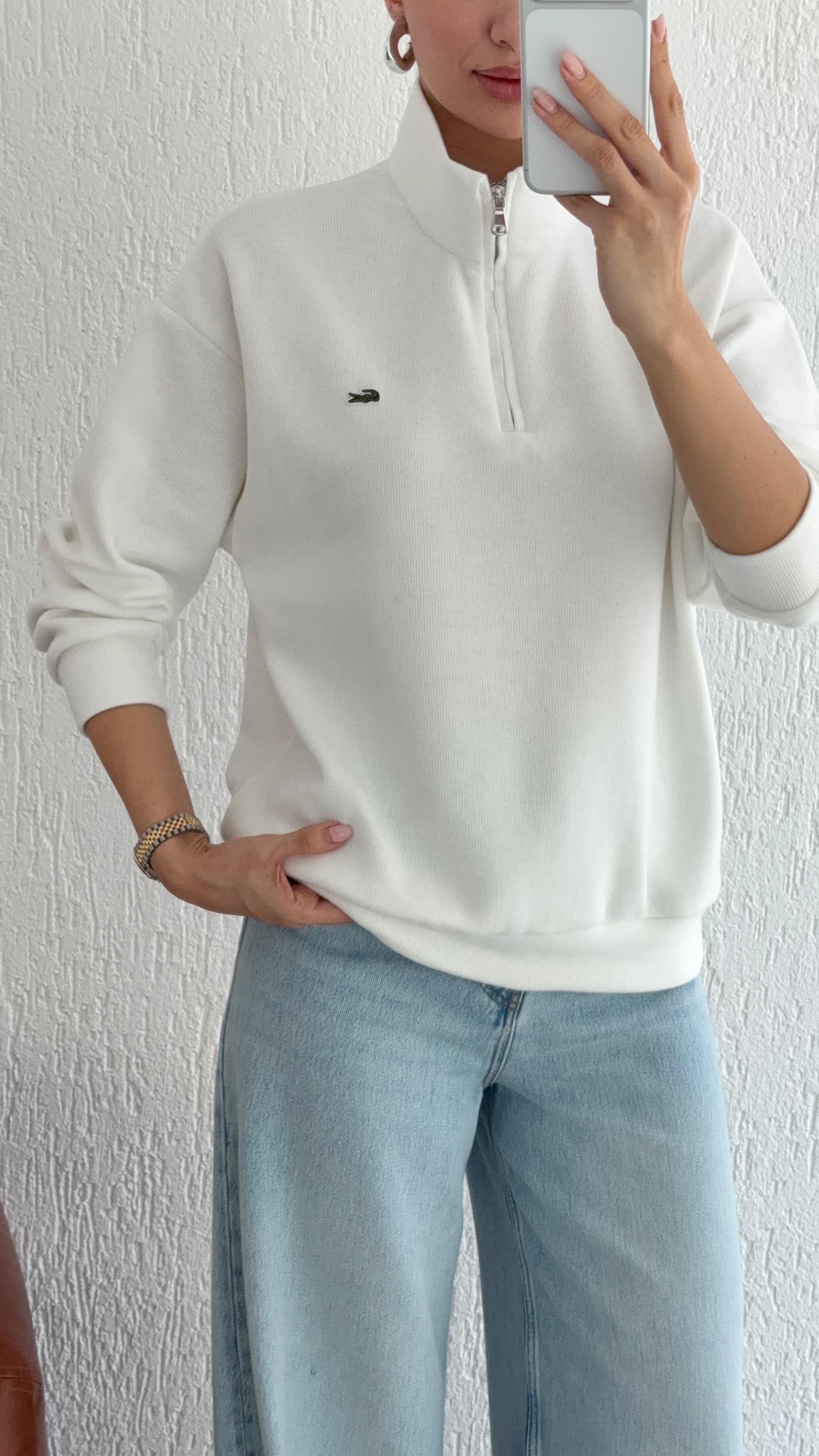 Fermuarlı Beyaz Selanik Sweat