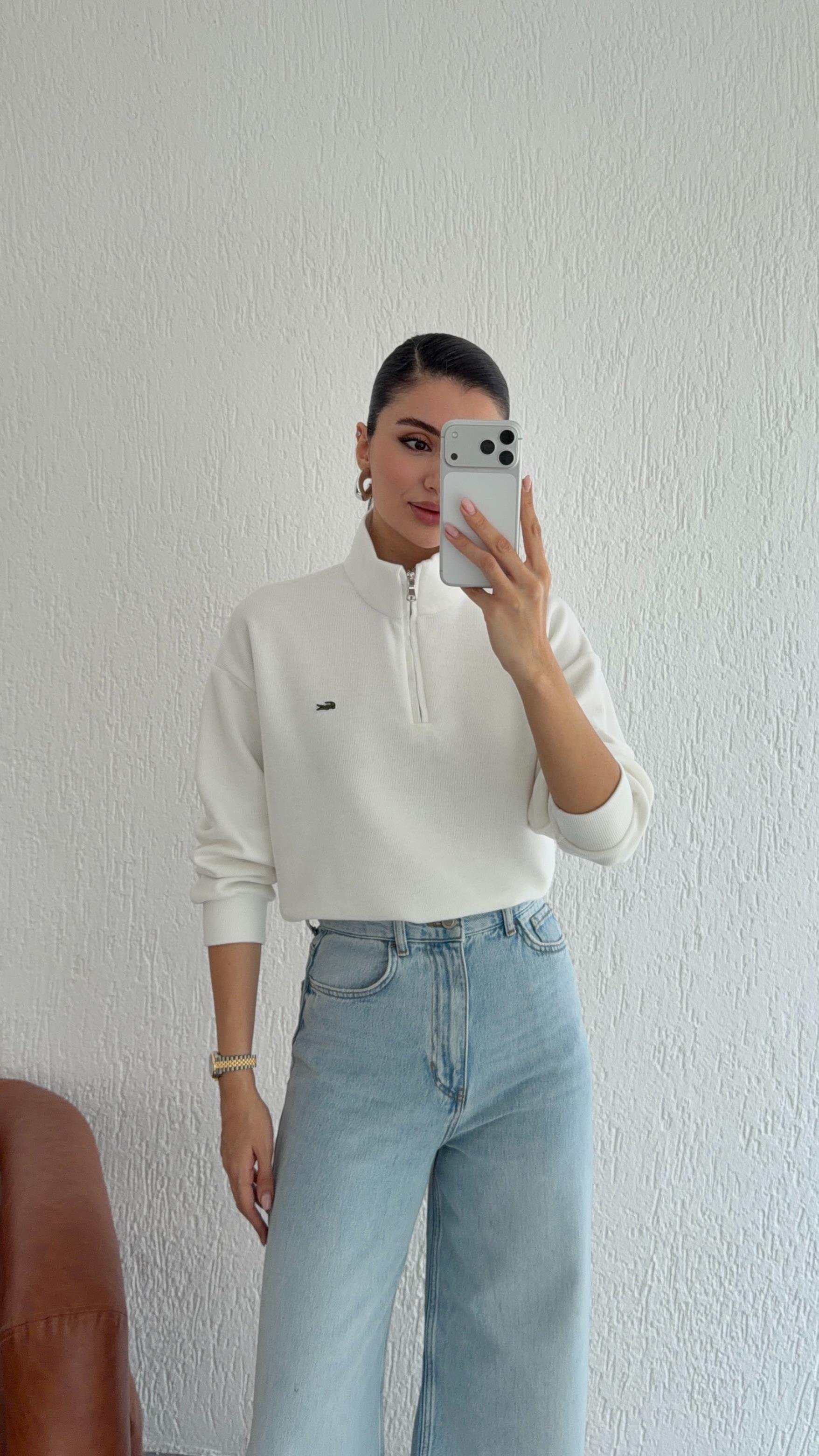 Fermuarlı Beyaz Selanik Sweat