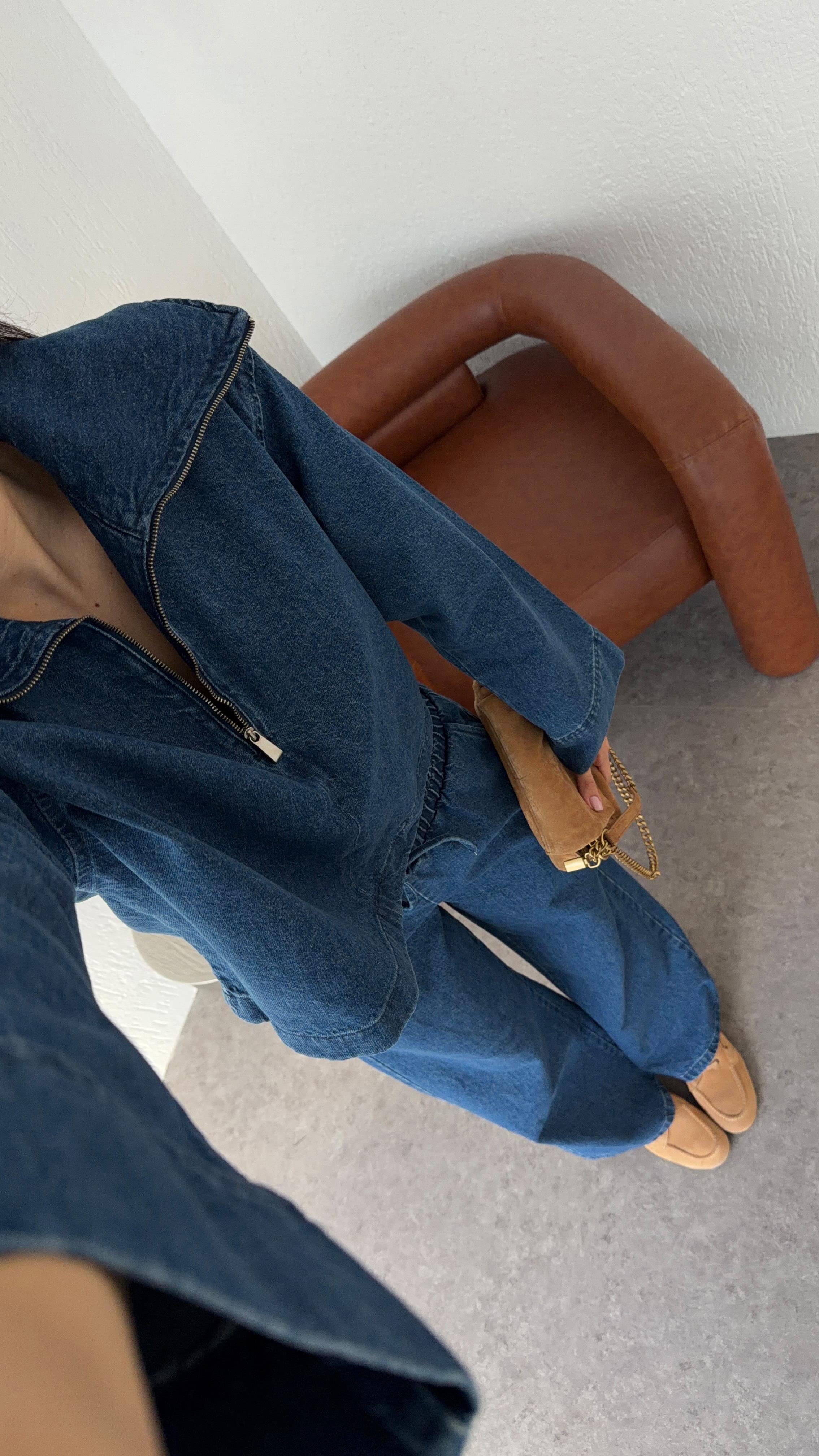 Fermuarlı Denim Bluz