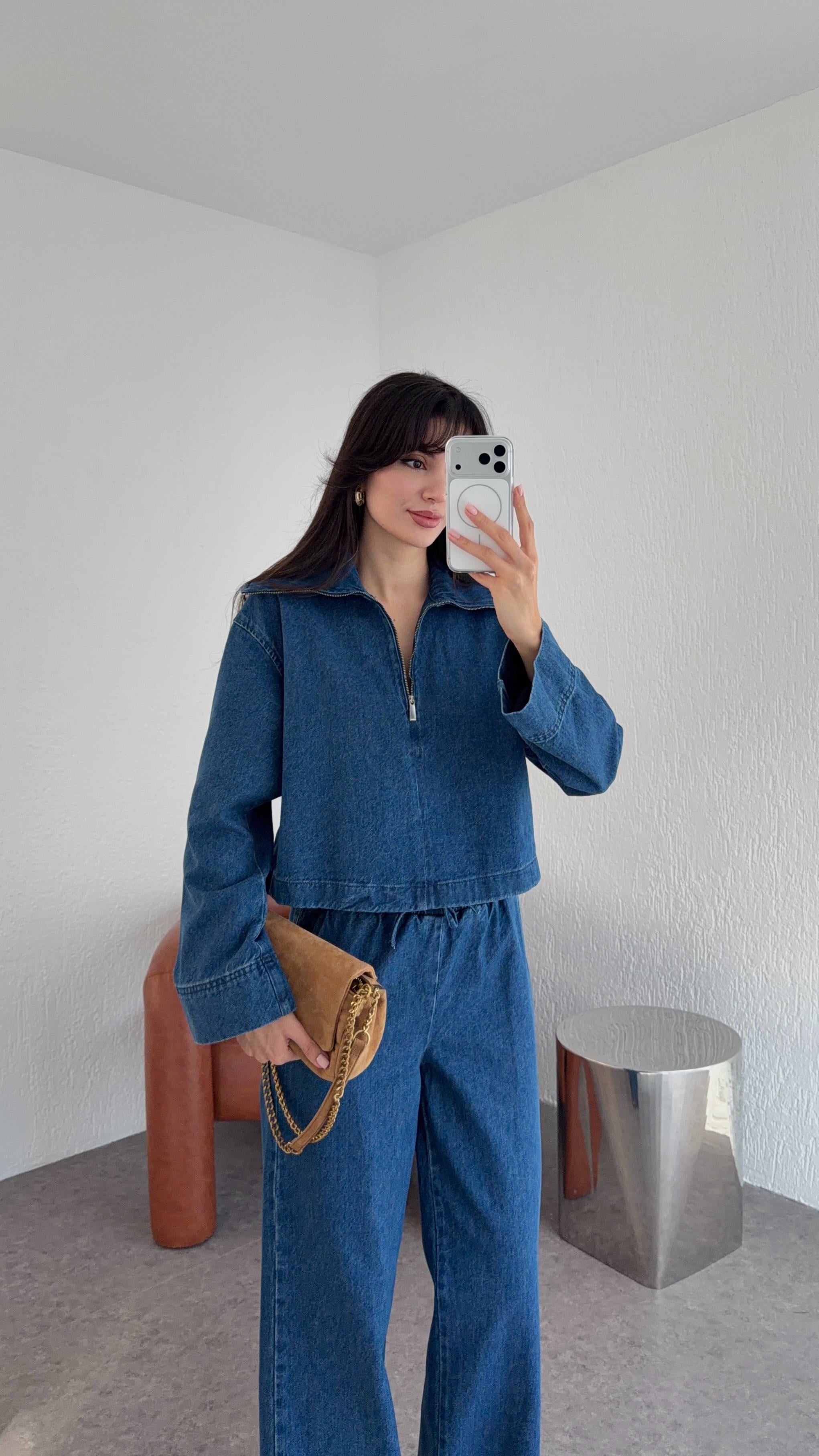 Fermuarlı Denim Bluz