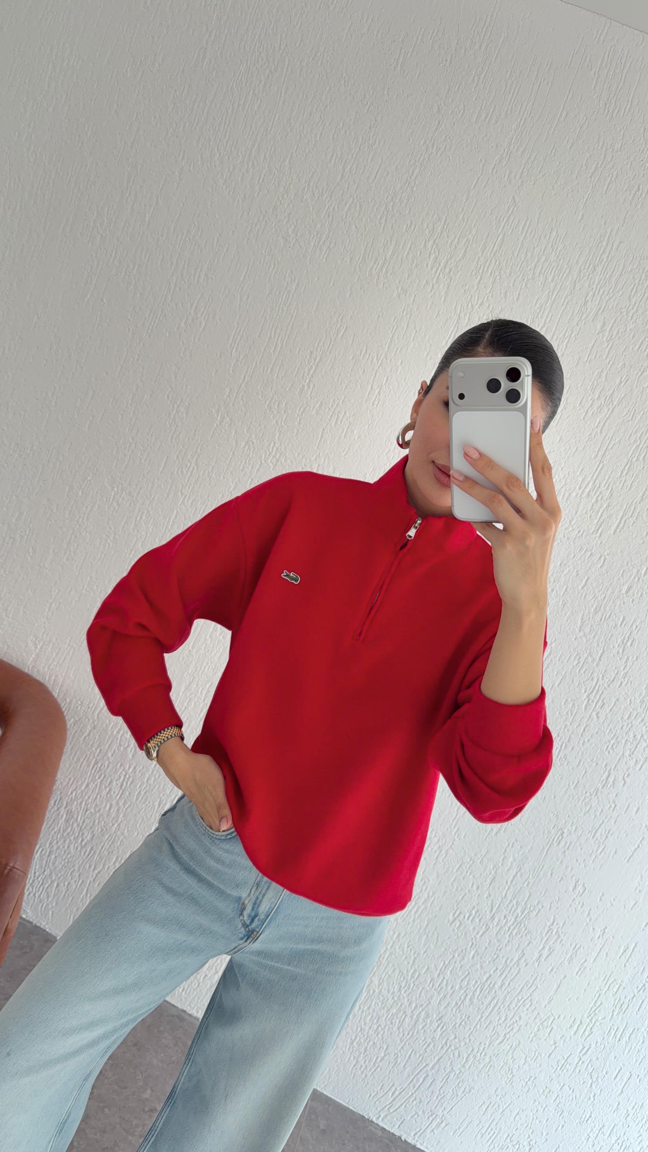Fermuarlı Kırmızı Selanik Sweat