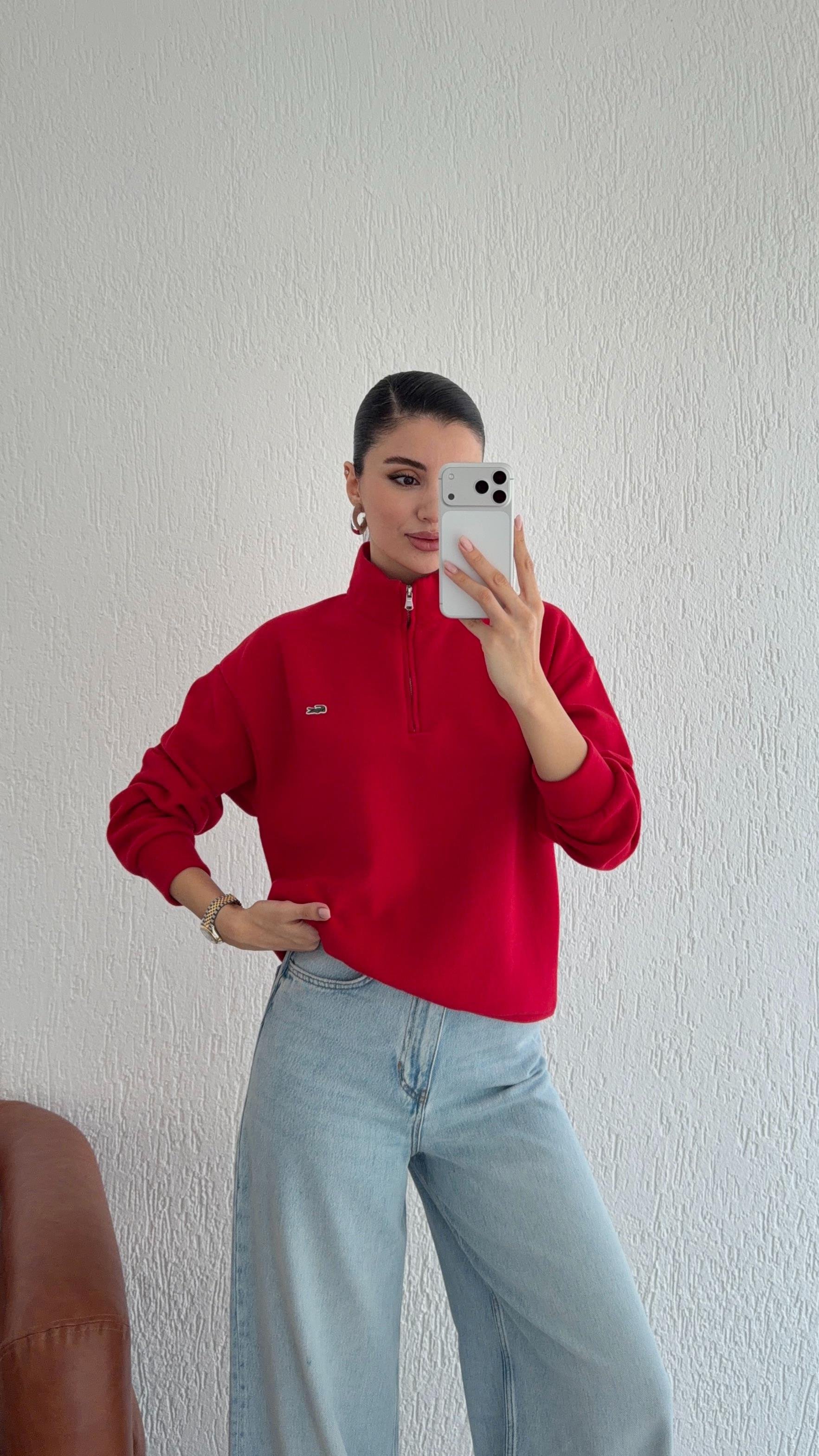 Fermuarlı Kırmızı Selanik Sweat