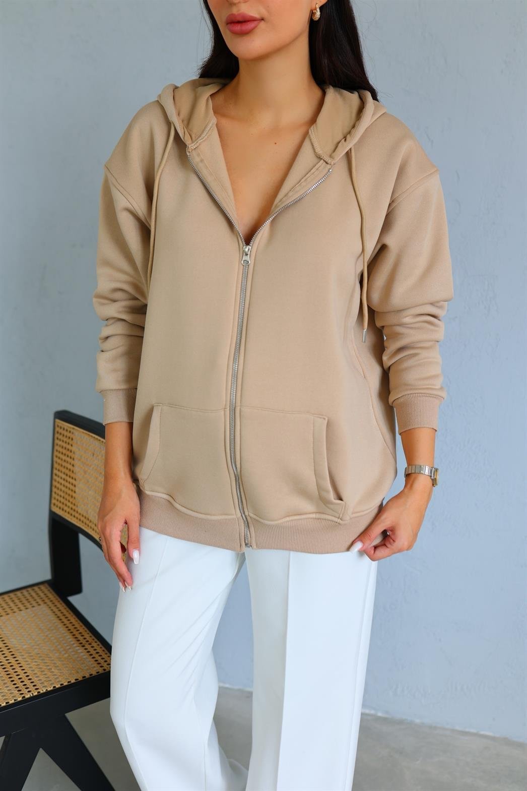 Fermuarlı Krem Sweat