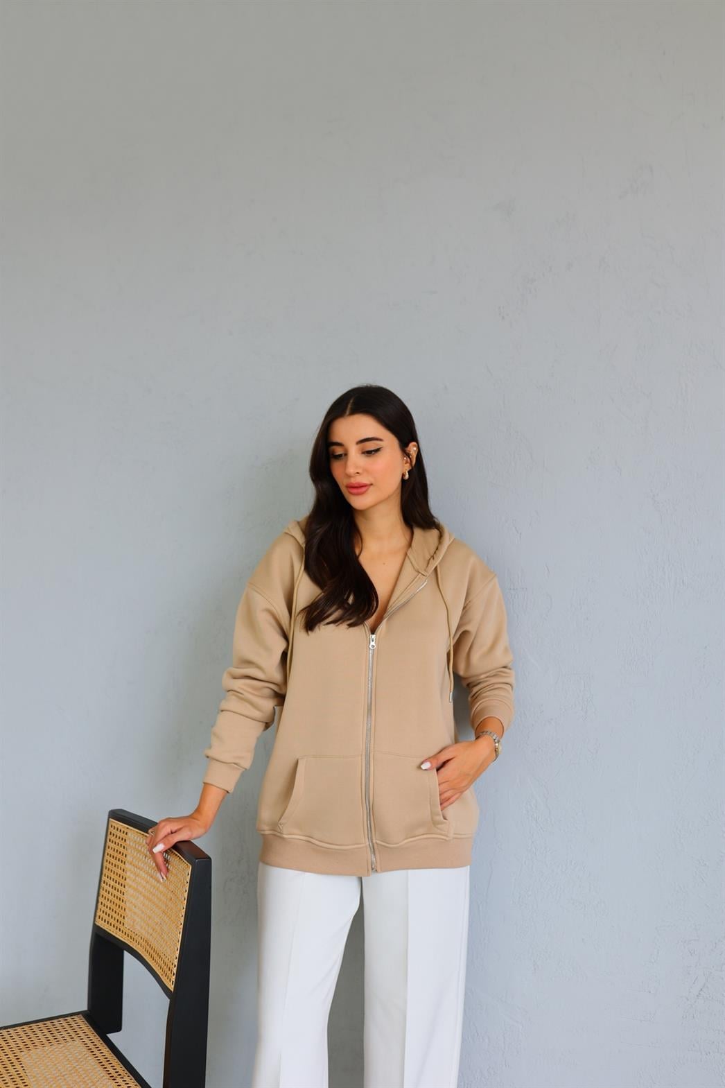 Fermuarlı Krem Sweat