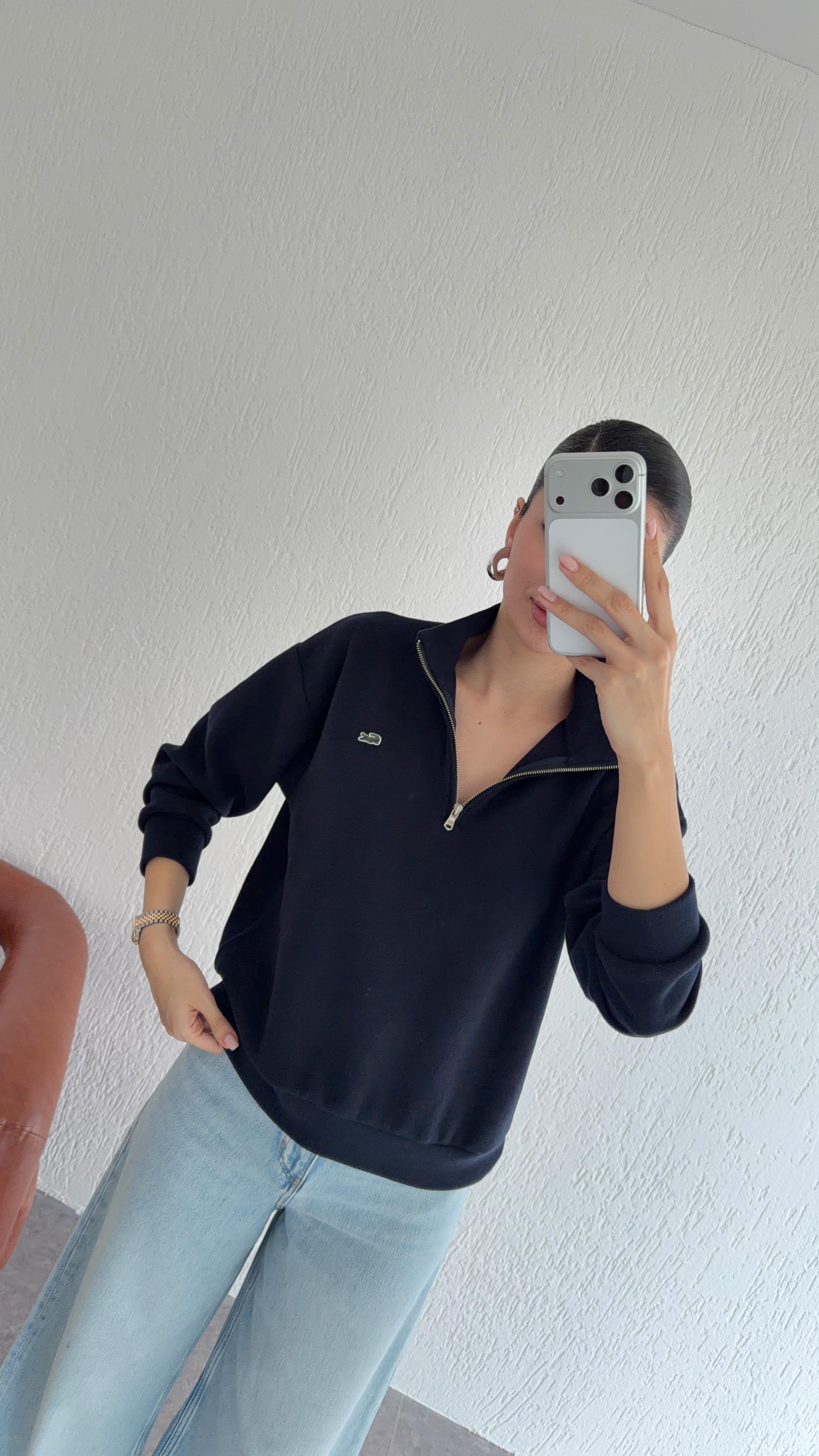 Fermuarlı Siyah Selanik Sweat