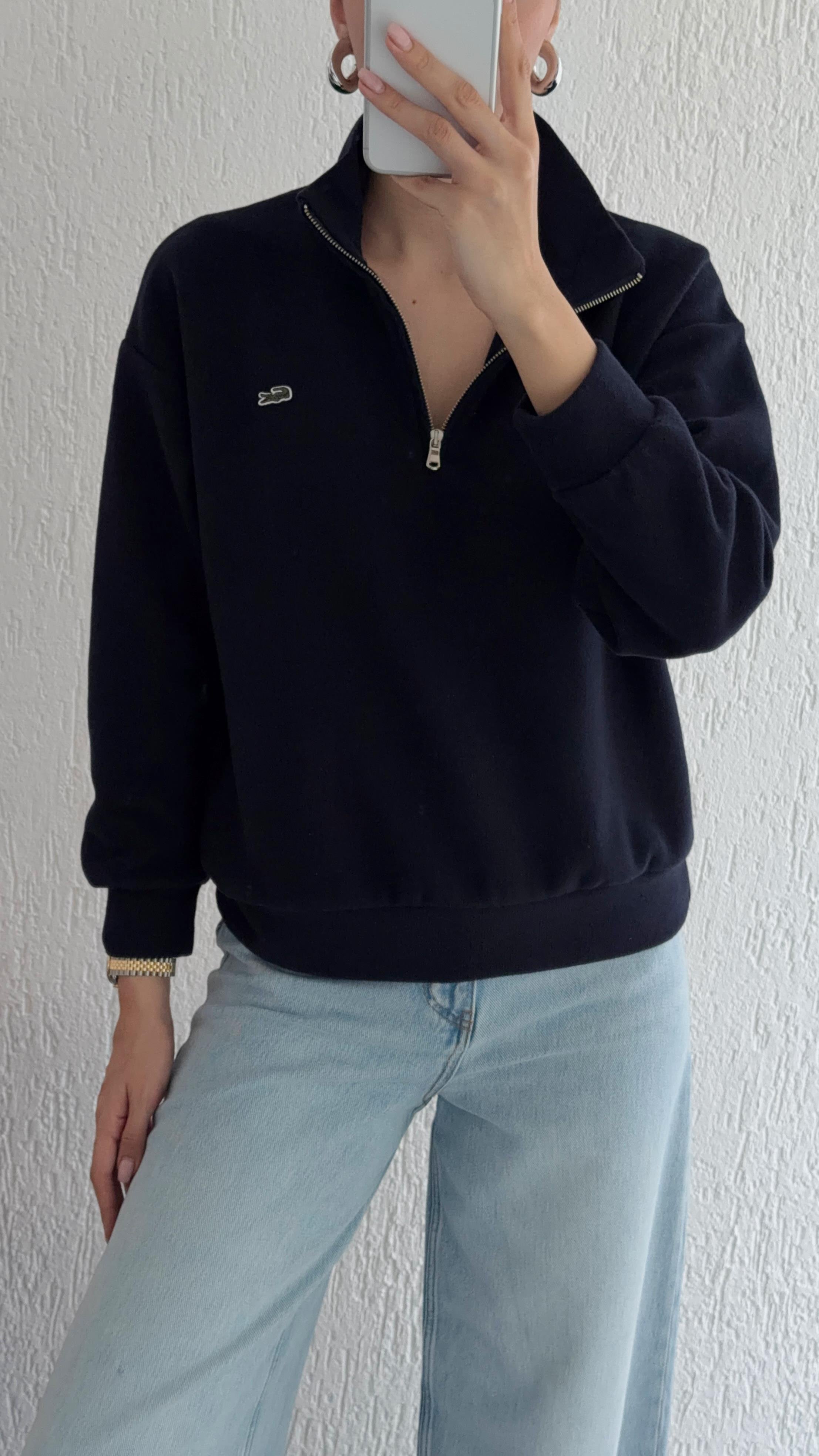 Fermuarlı Siyah Selanik Sweat