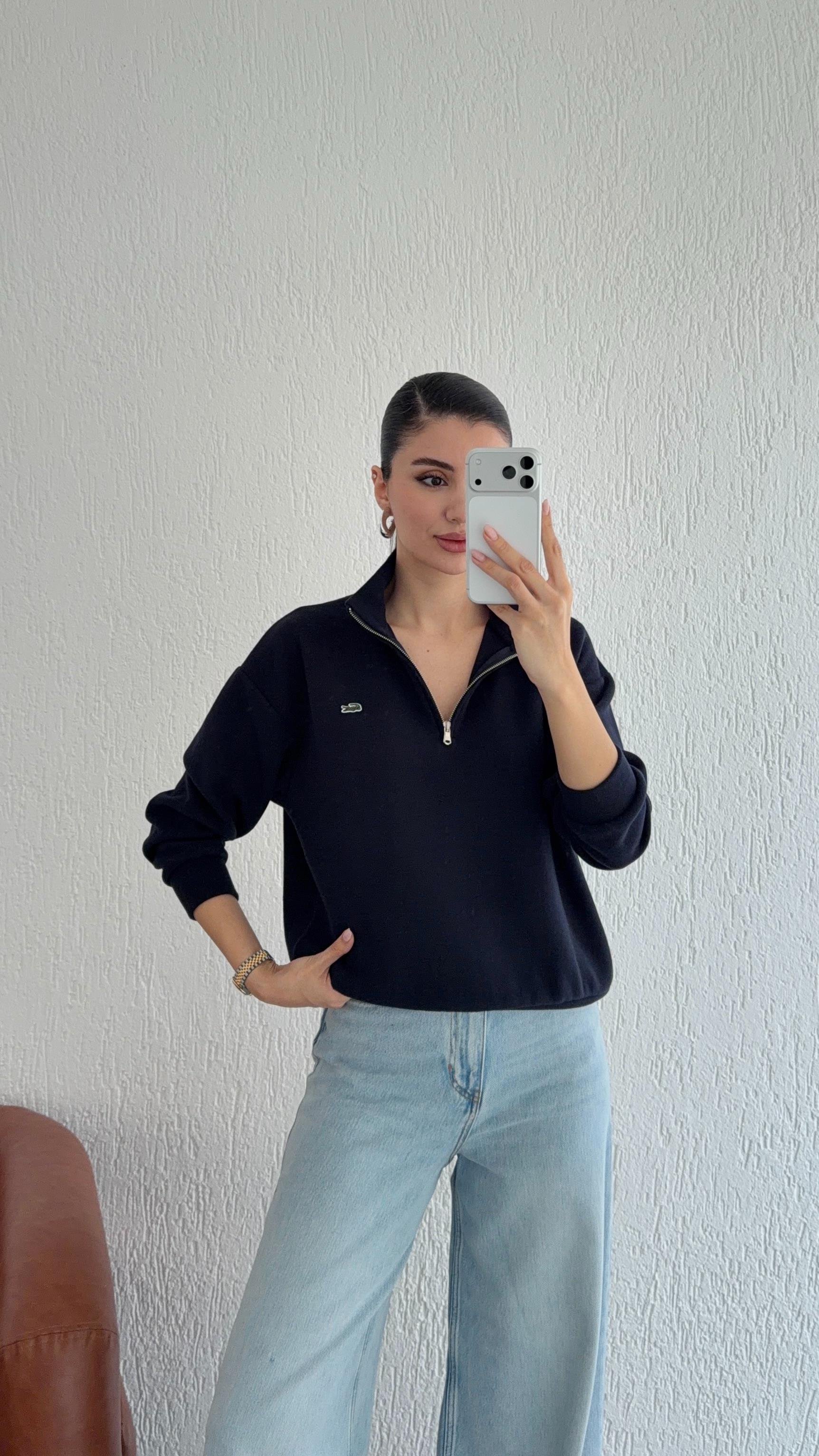 Fermuarlı Siyah Selanik Sweat