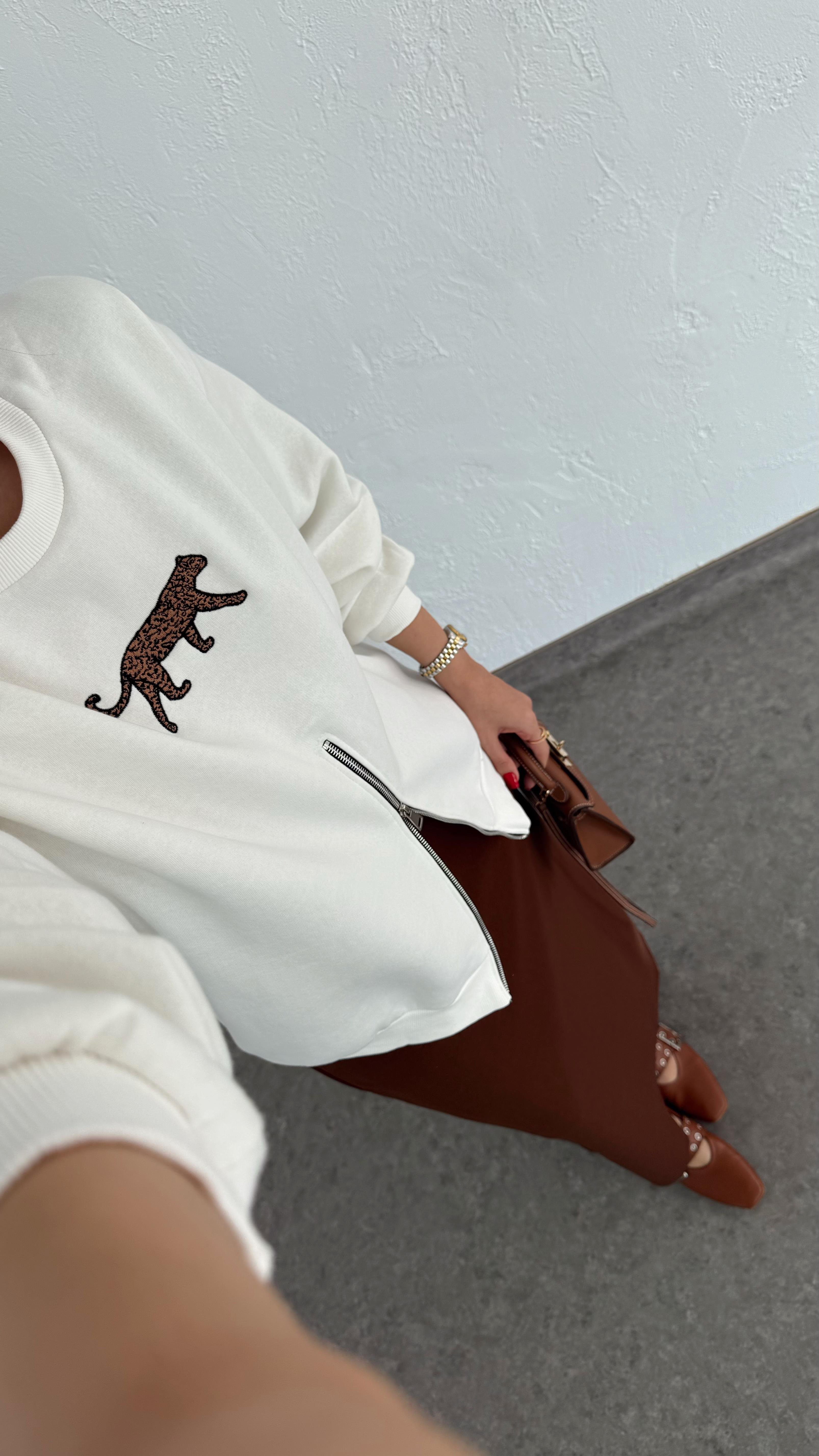 Fermuarlı Leopar Sweat