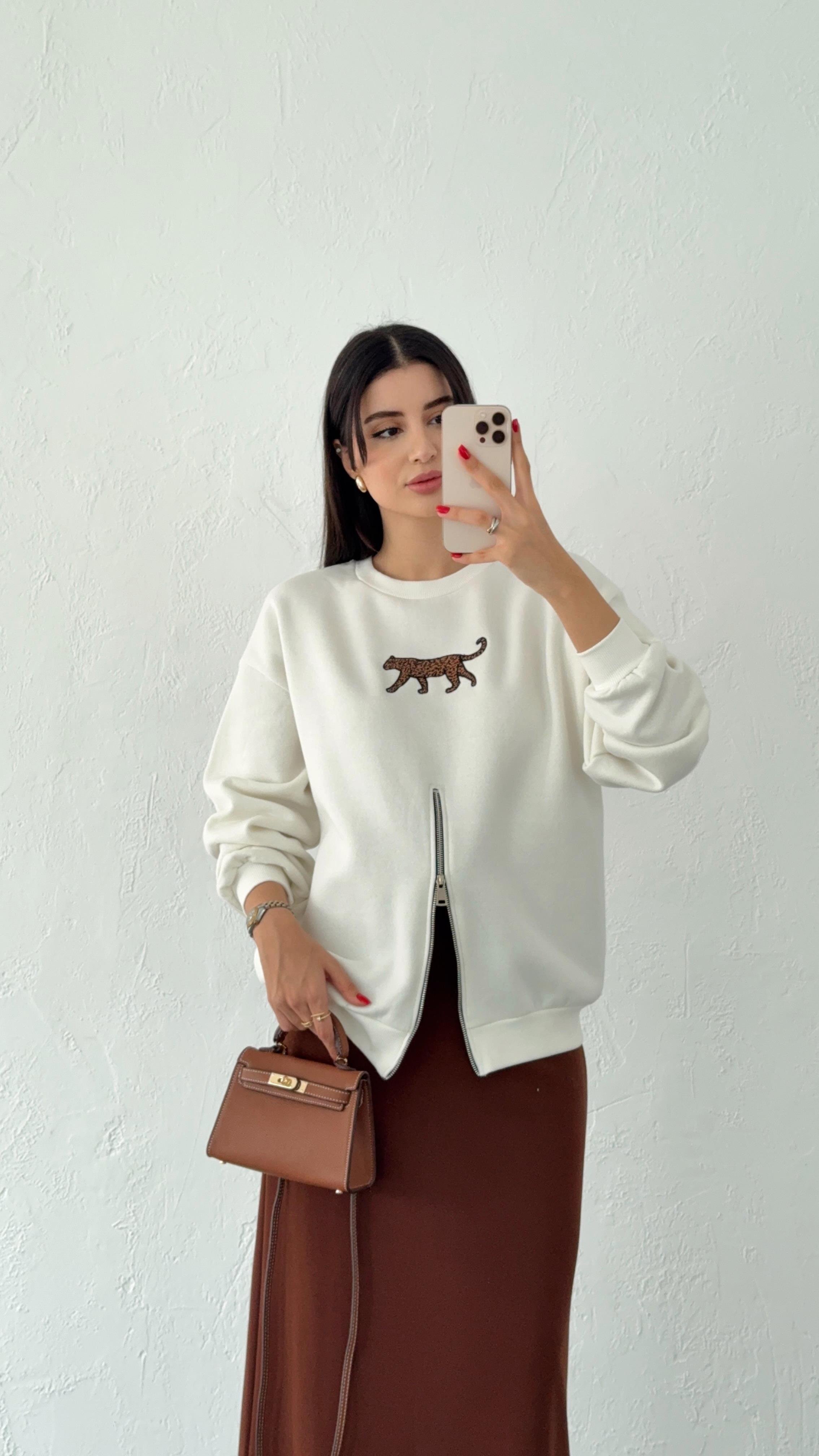 Fermuarlı Leopar Sweat